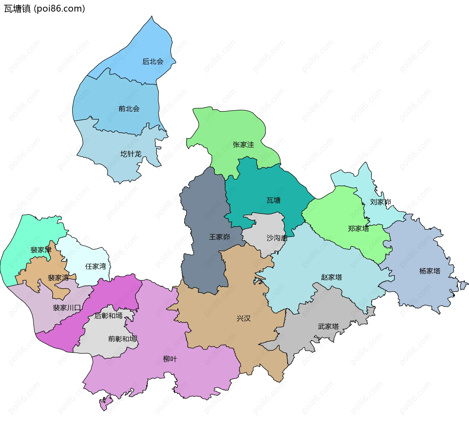 瓦塘镇边界地图(五级行政区划)