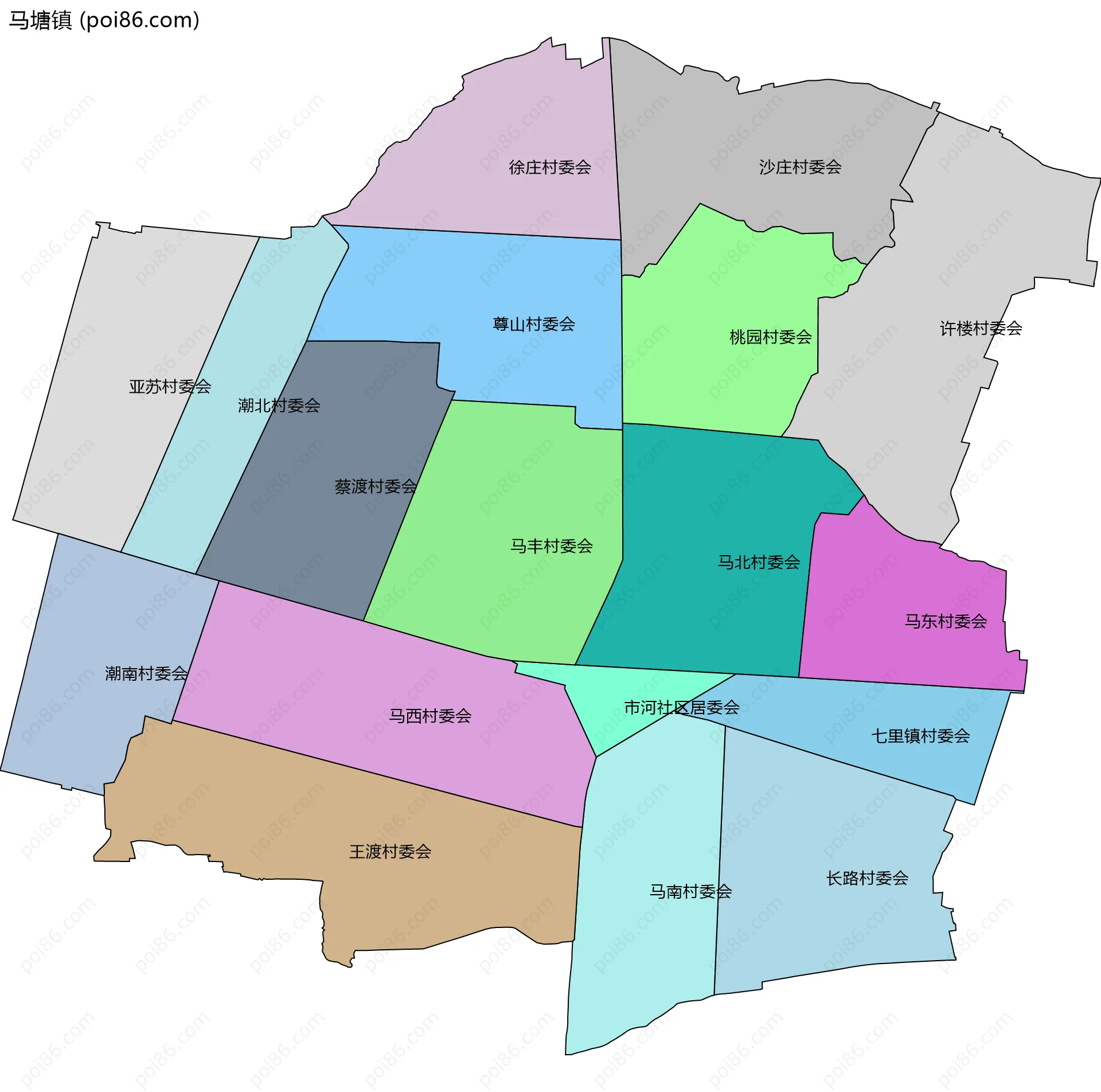 马塘镇边界地图(五级行政区划)