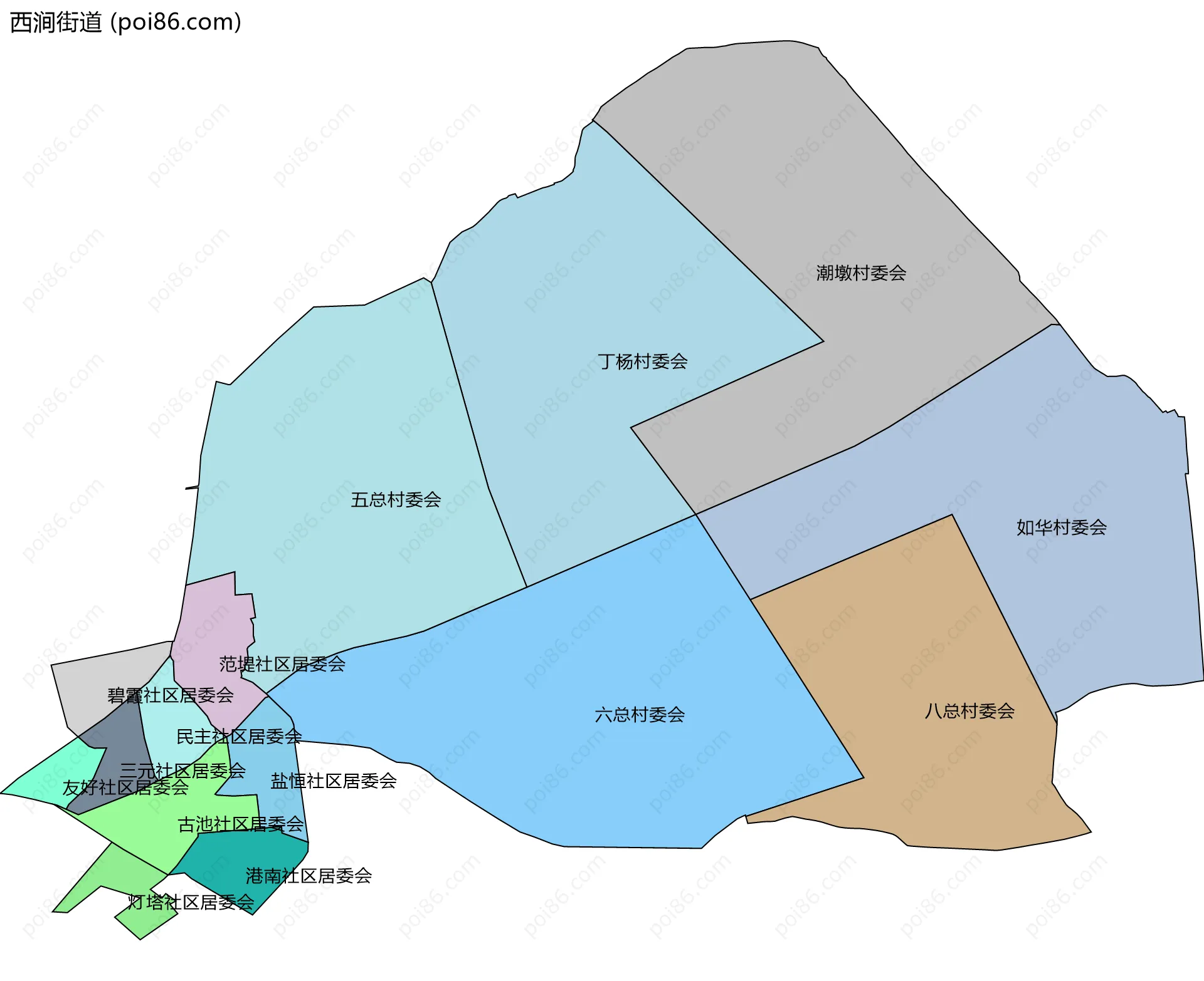 西涧街道边界地图(五级行政区划)