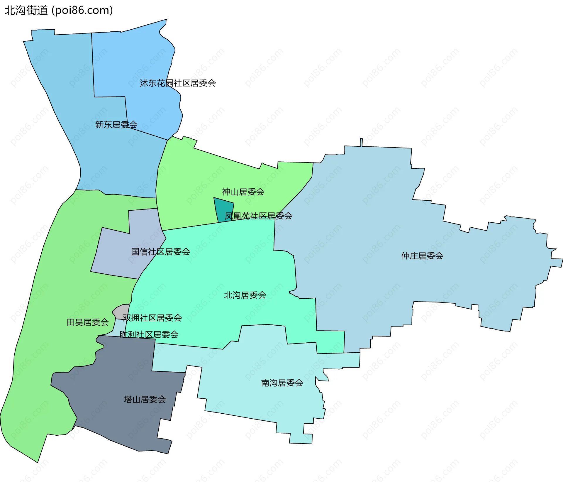 北沟街道边界地图(五级行政区划)
