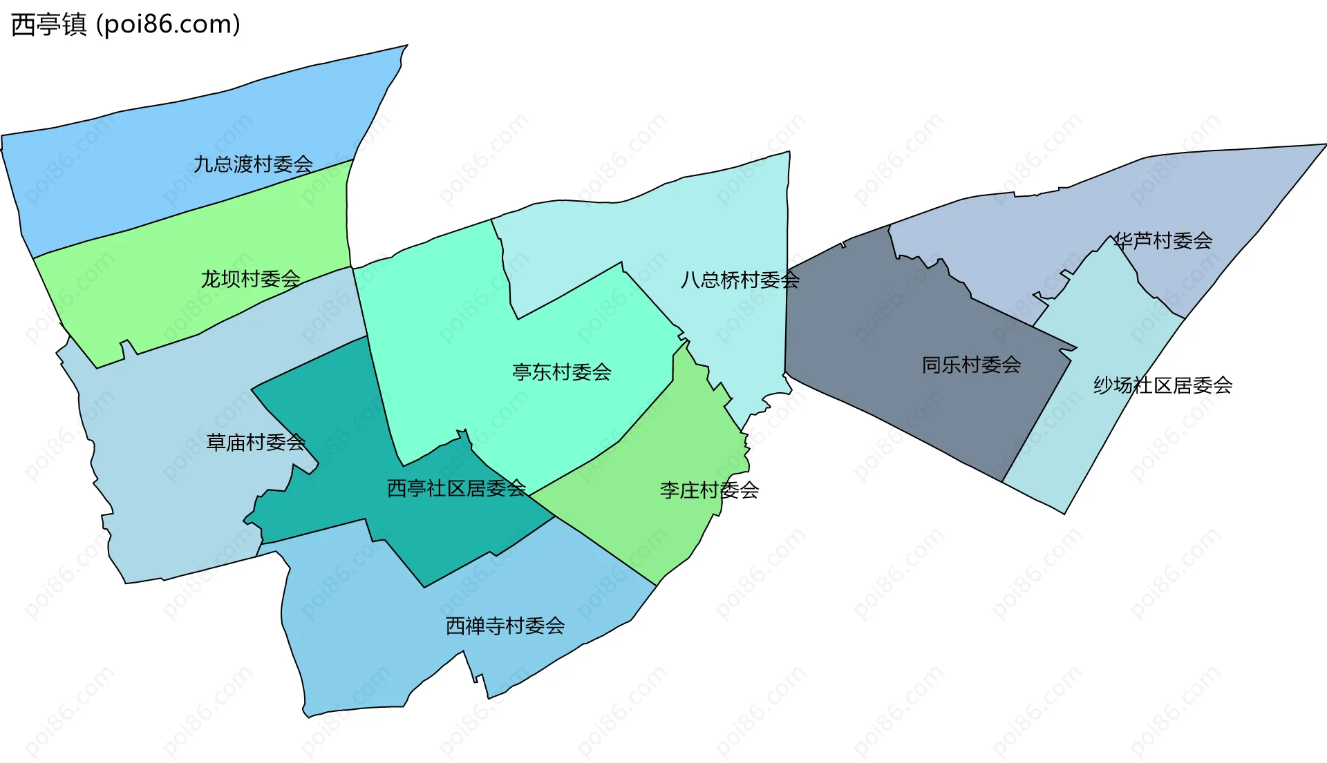 西亭镇边界地图(五级行政区划)