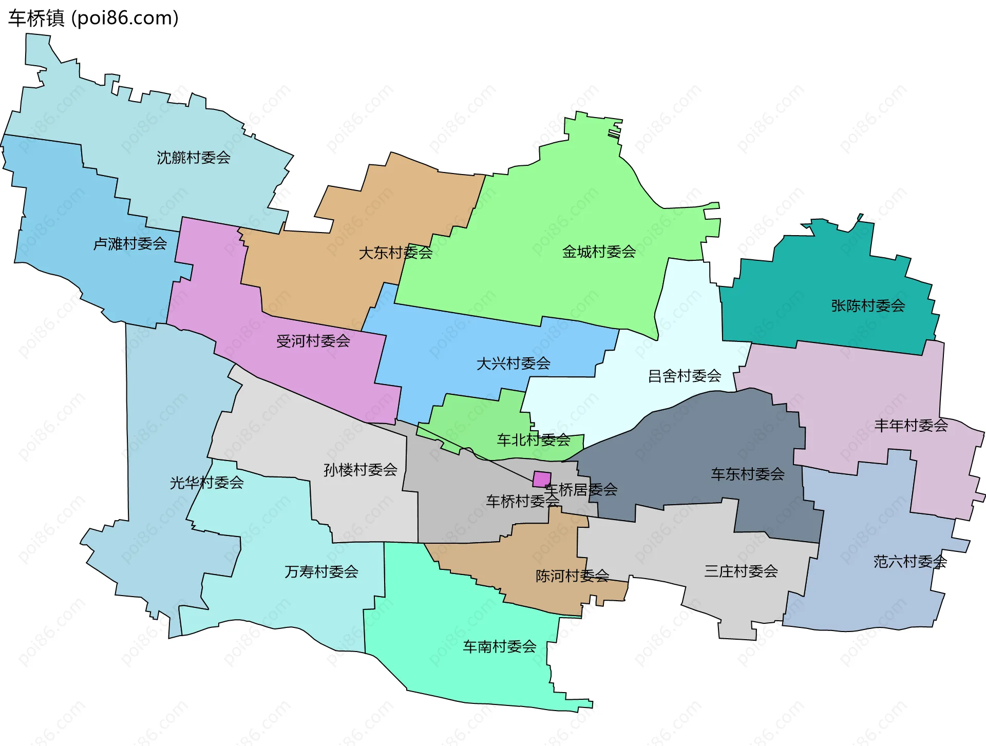 车桥镇边界地图(五级行政区划)