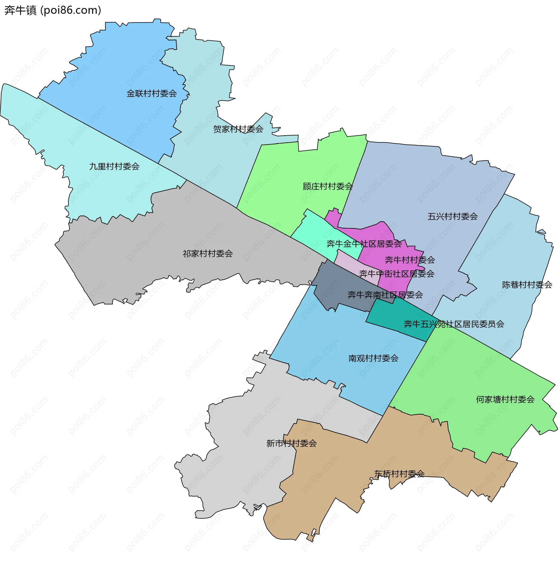 奔牛镇边界地图(五级行政区划)
