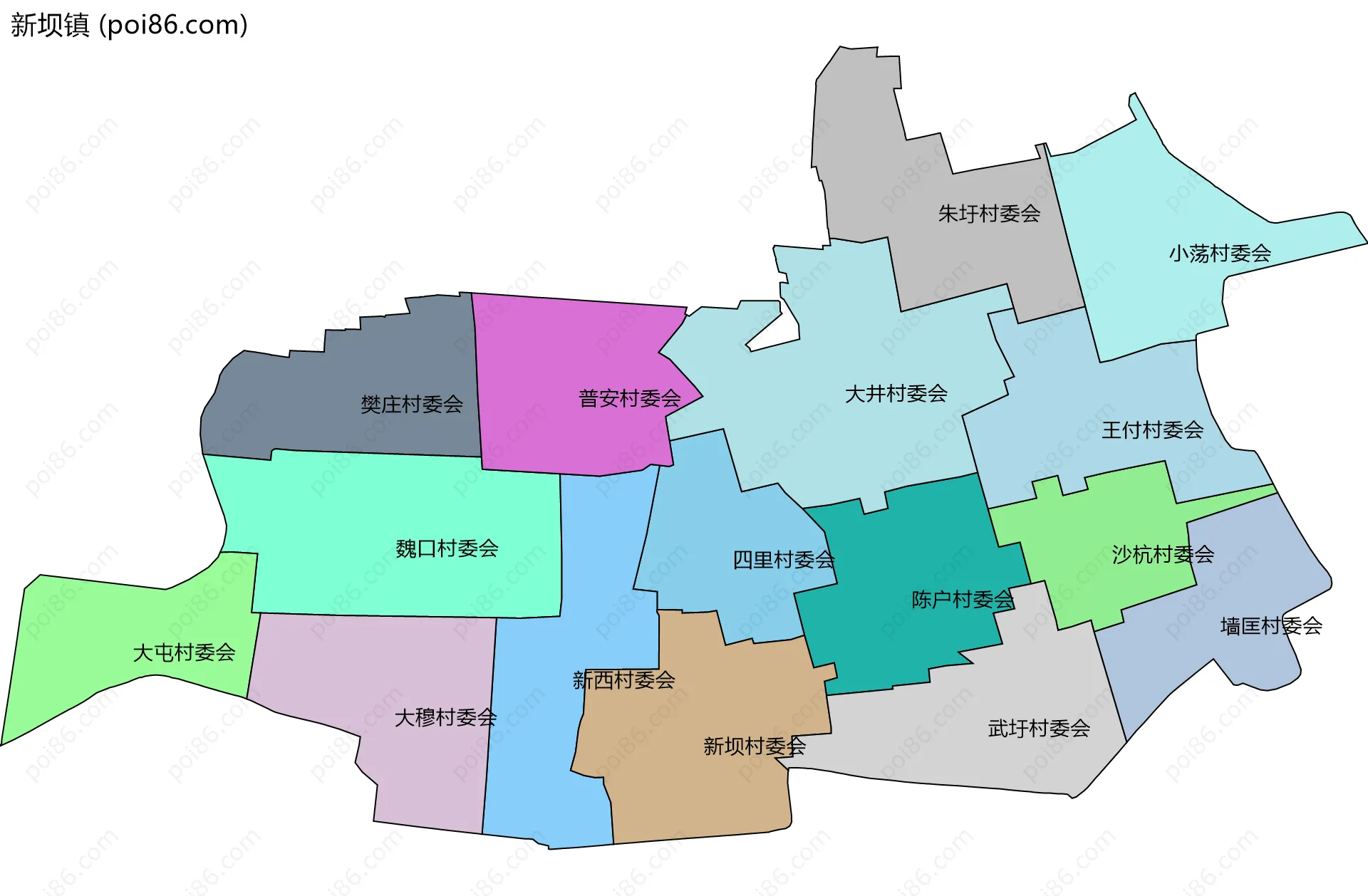 新坝镇边界地图(五级行政区划)