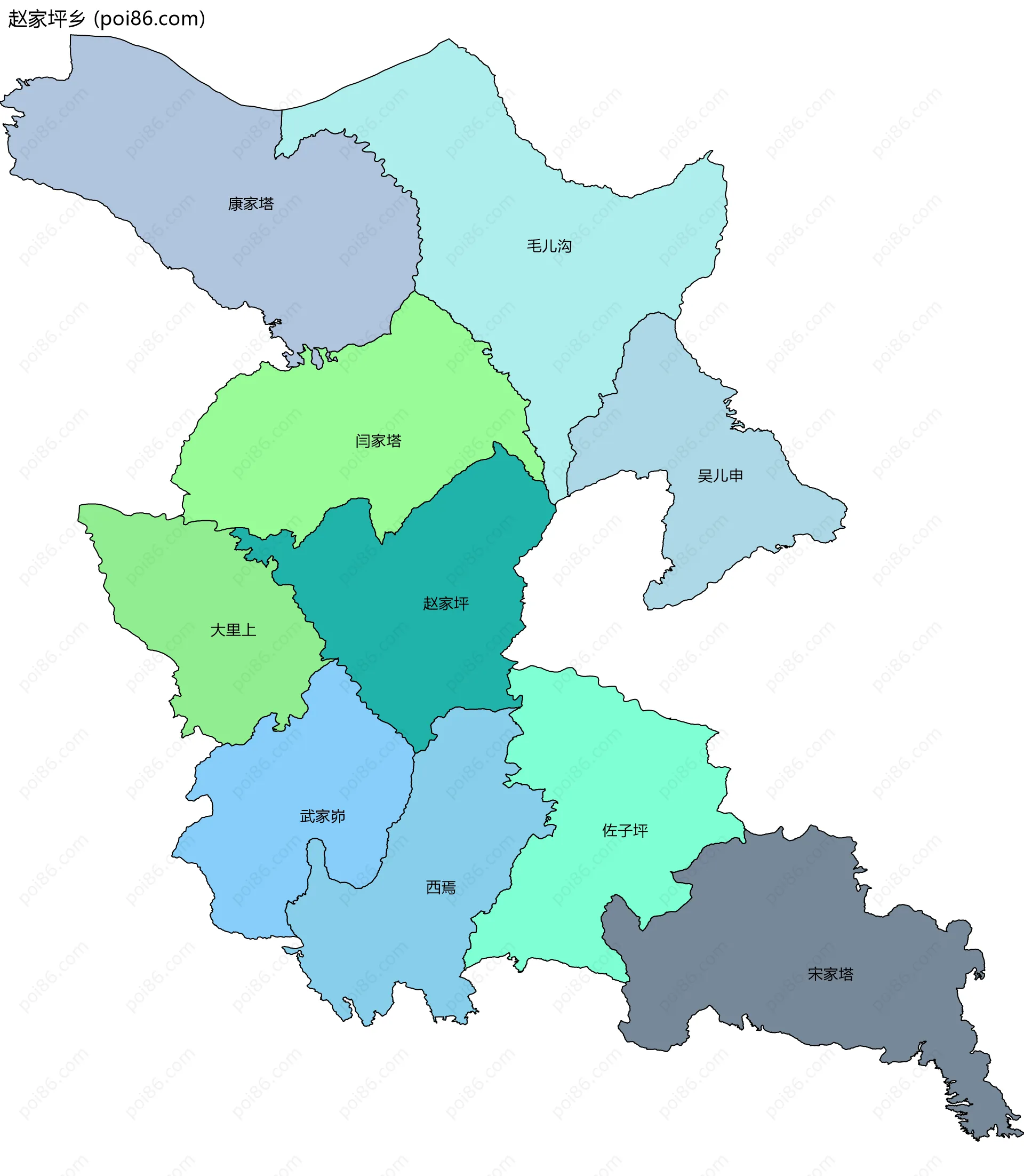 赵家坪乡边界地图(五级行政区划)