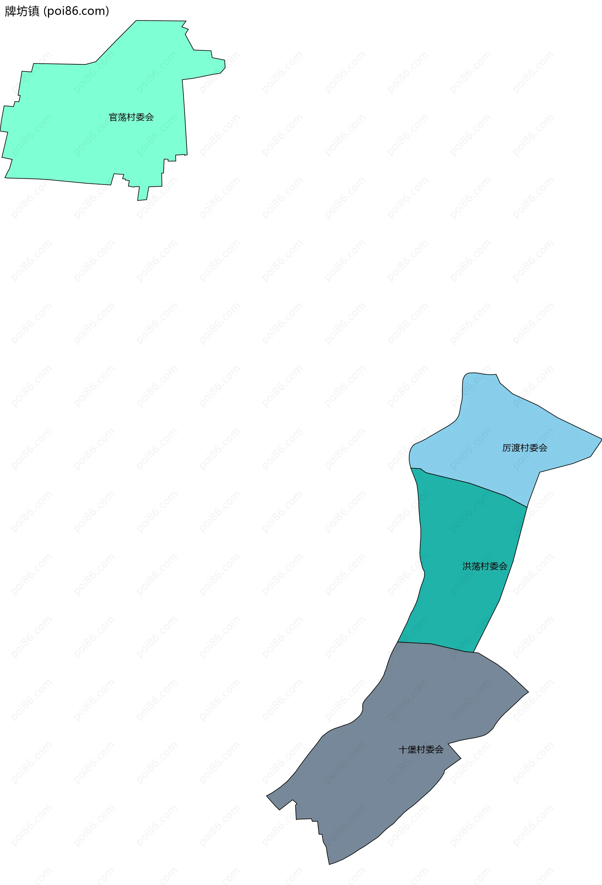 牌坊镇边界地图(五级行政区划)