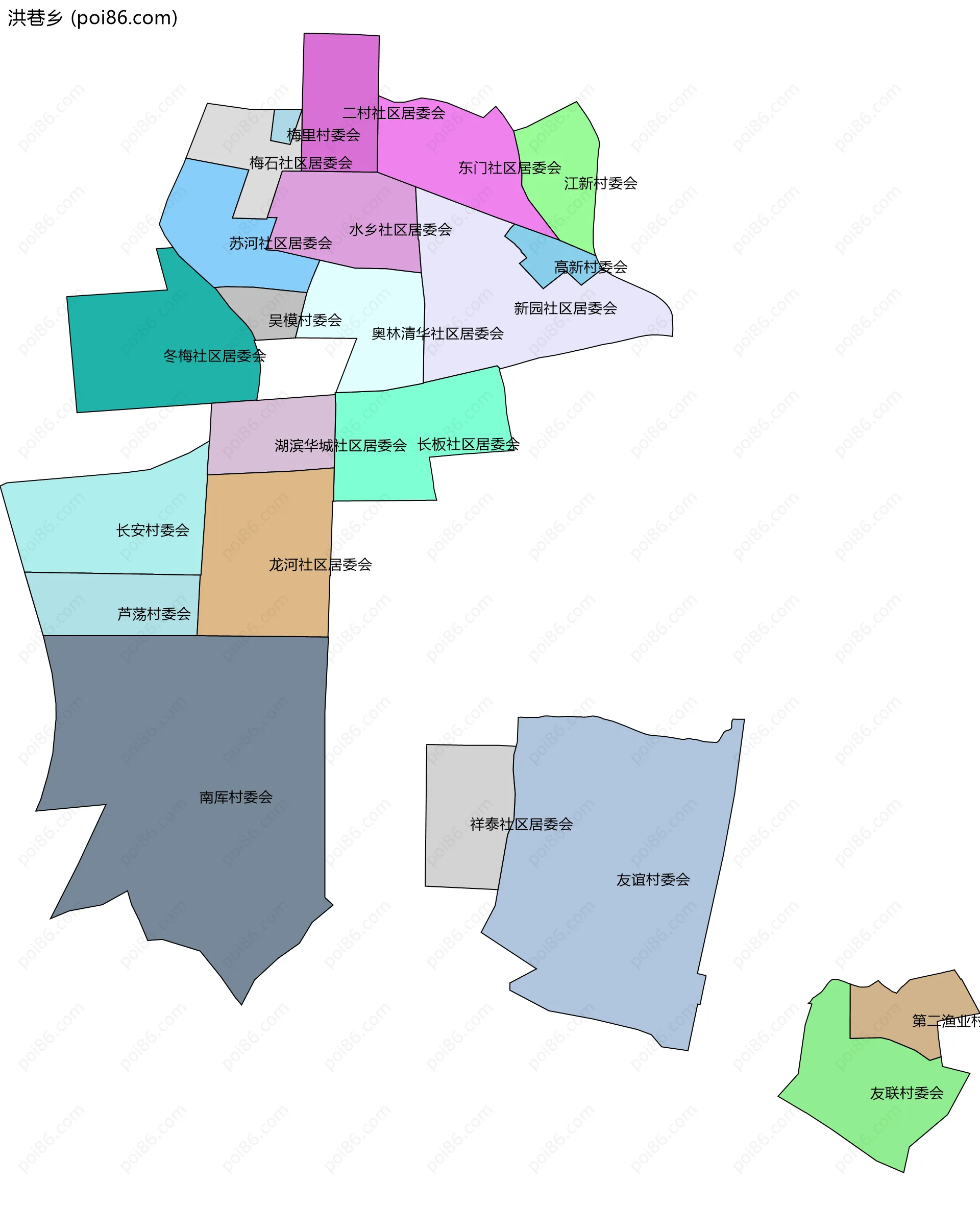 洪巷乡边界地图(五级行政区划)