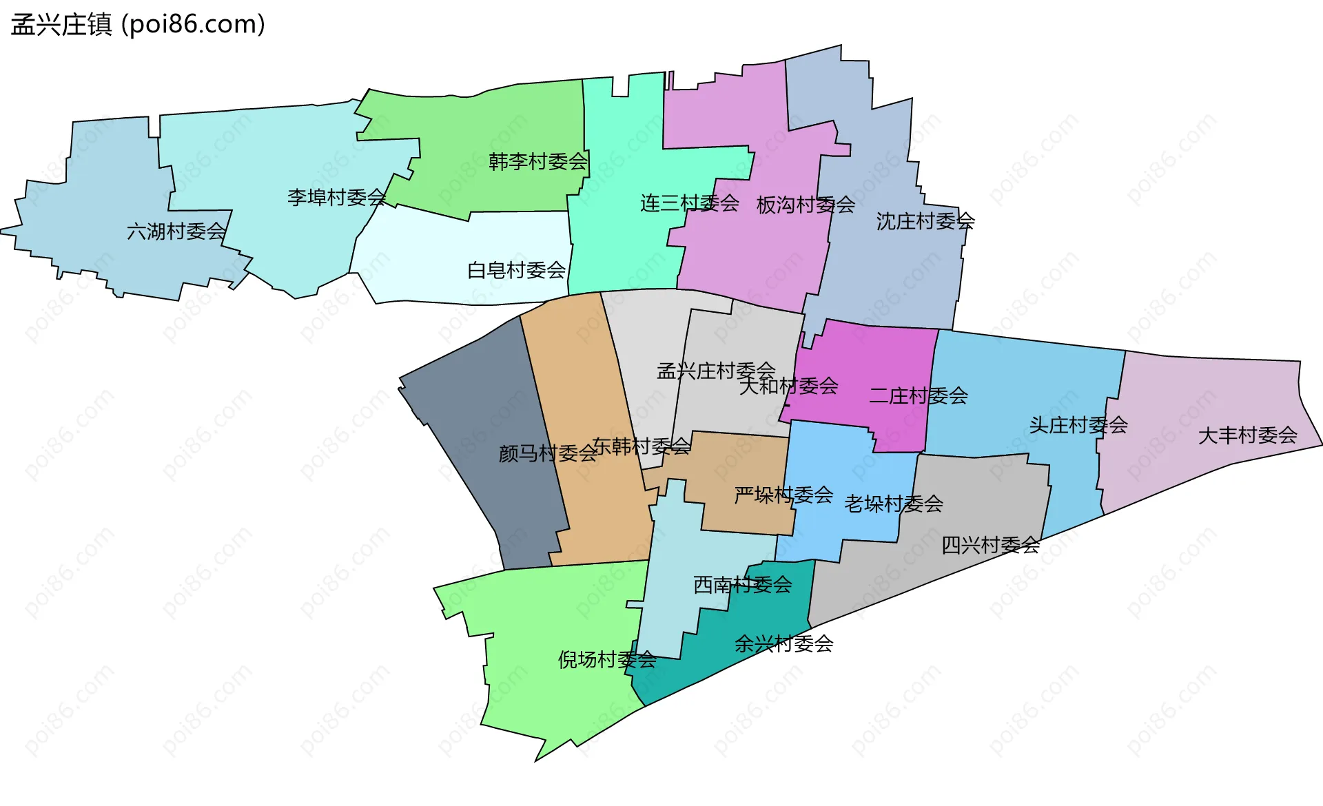 孟兴庄镇边界地图(五级行政区划)