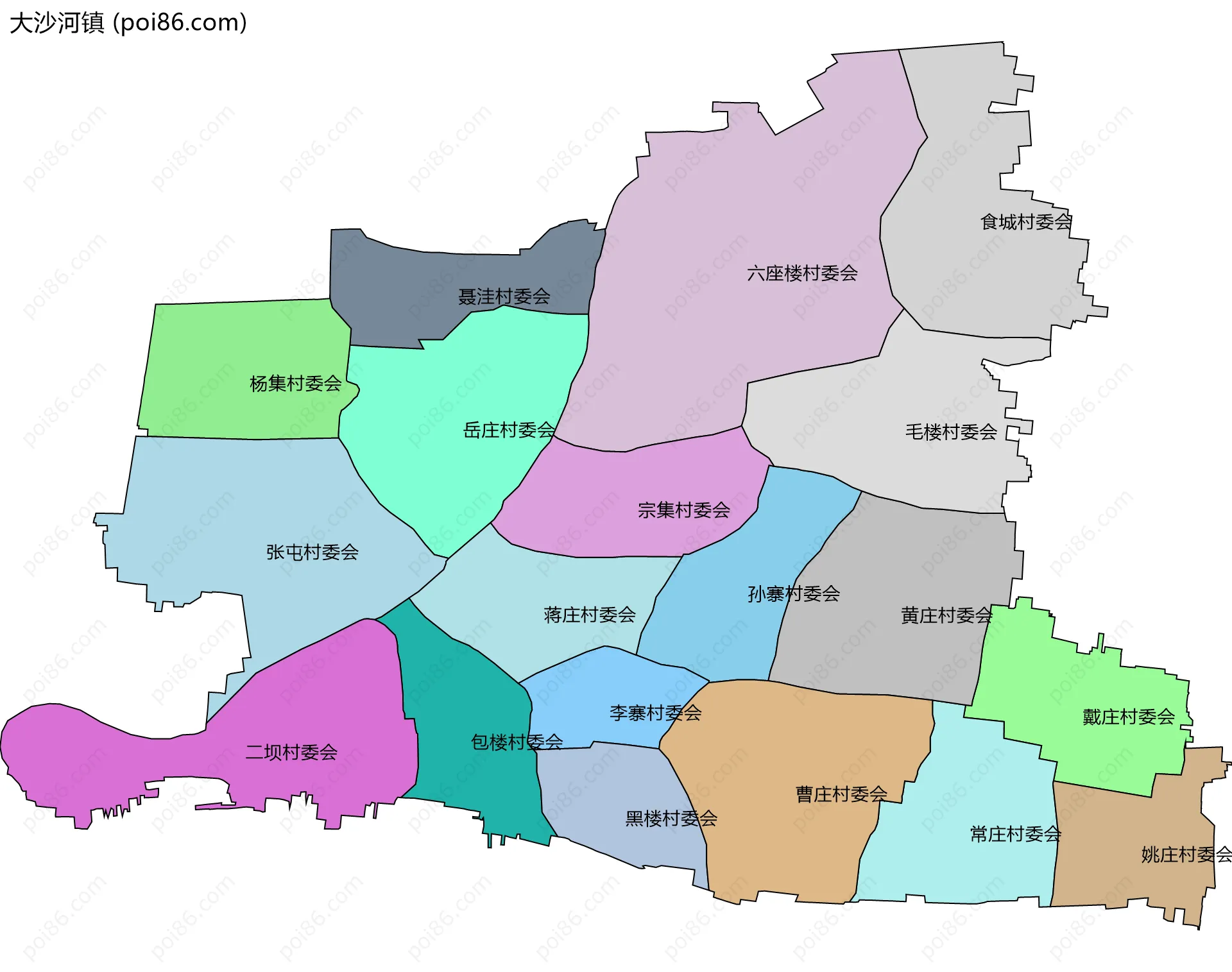 大沙河镇边界地图(五级行政区划)