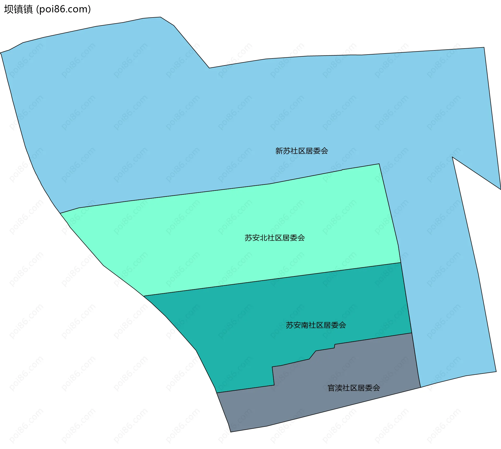 坝镇镇边界地图(五级行政区划)