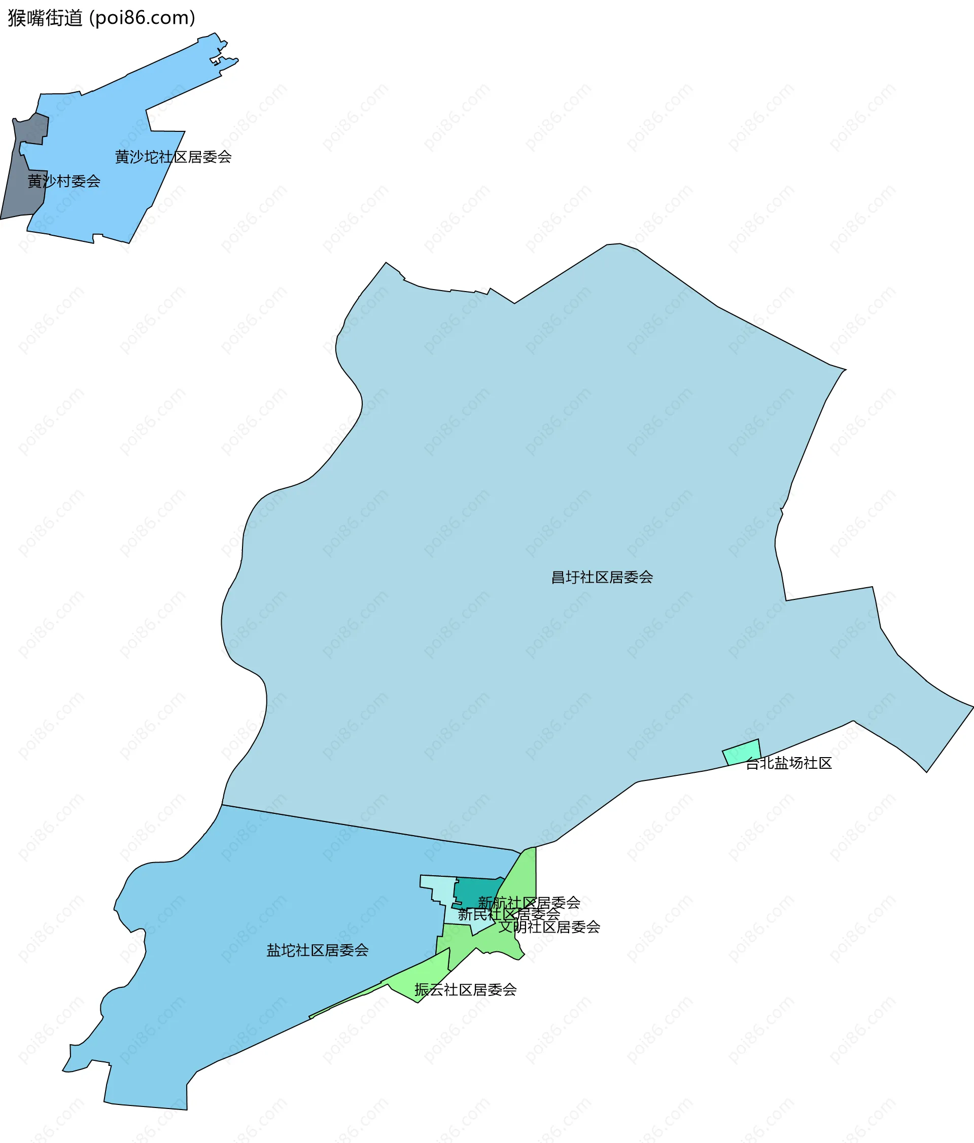 猴嘴街道边界地图(五级行政区划)