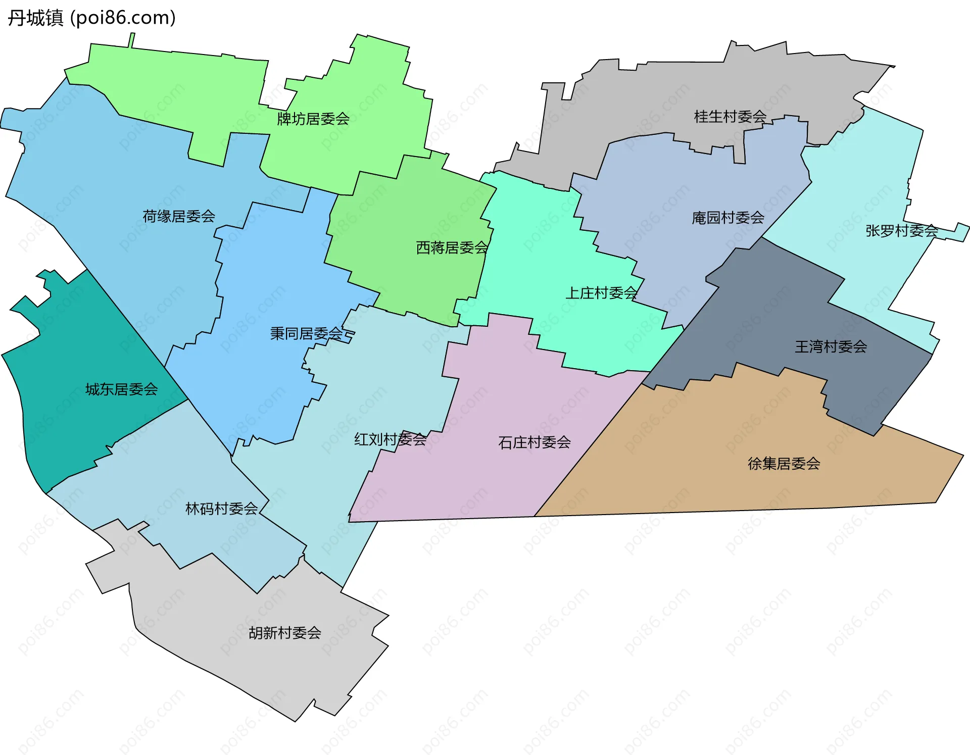 丹城镇边界地图(五级行政区划)