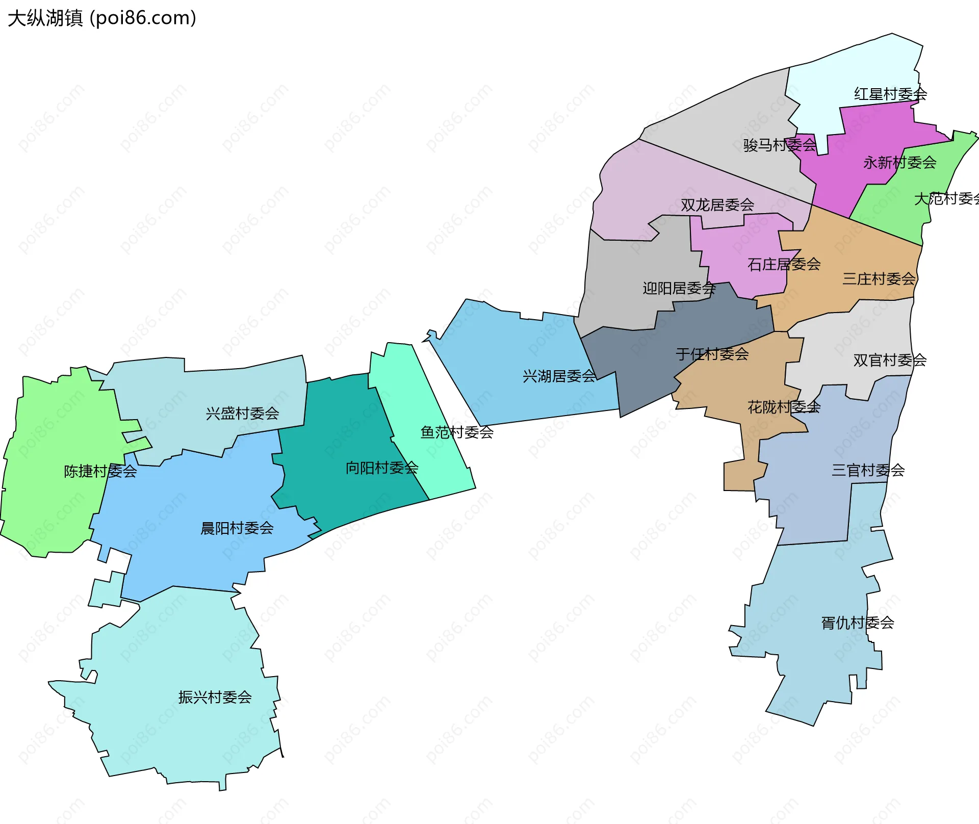 大纵湖镇边界地图(五级行政区划)
