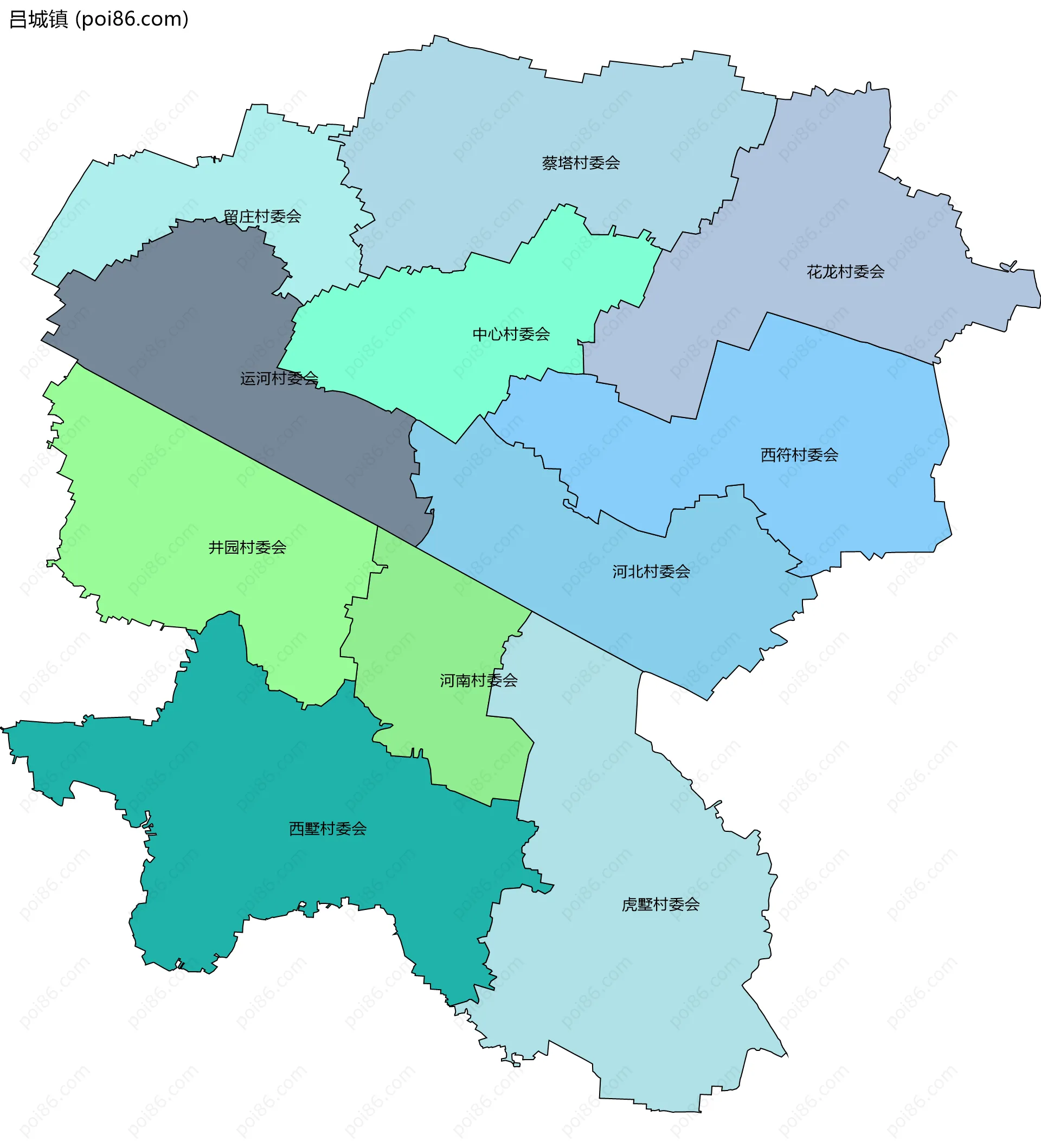 吕城镇边界地图(五级行政区划)