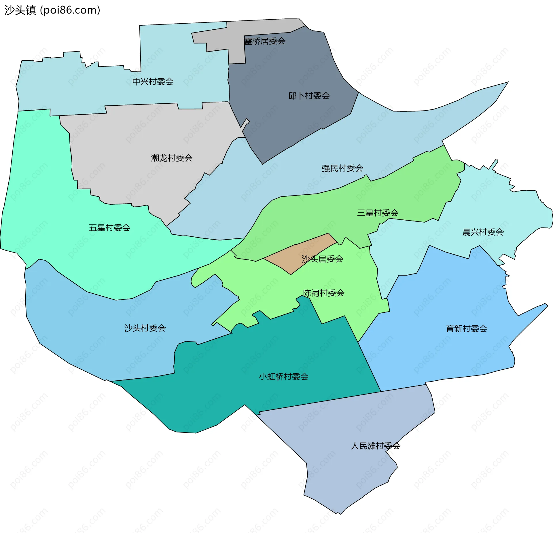 沙头镇边界地图(五级行政区划)