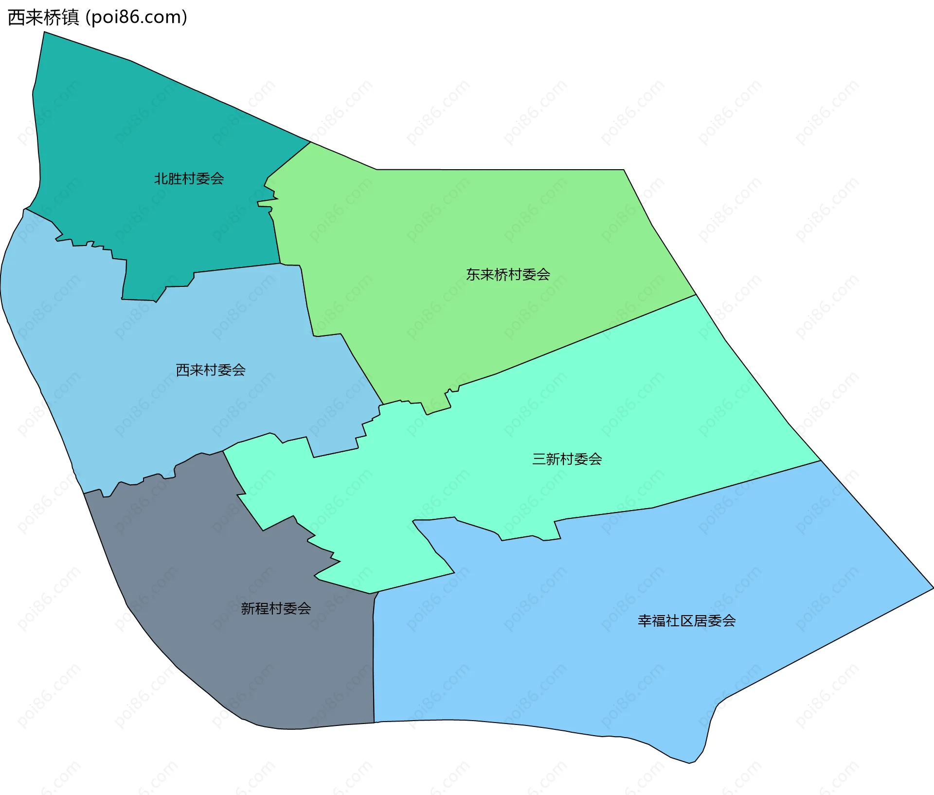 西来桥镇边界地图(五级行政区划)