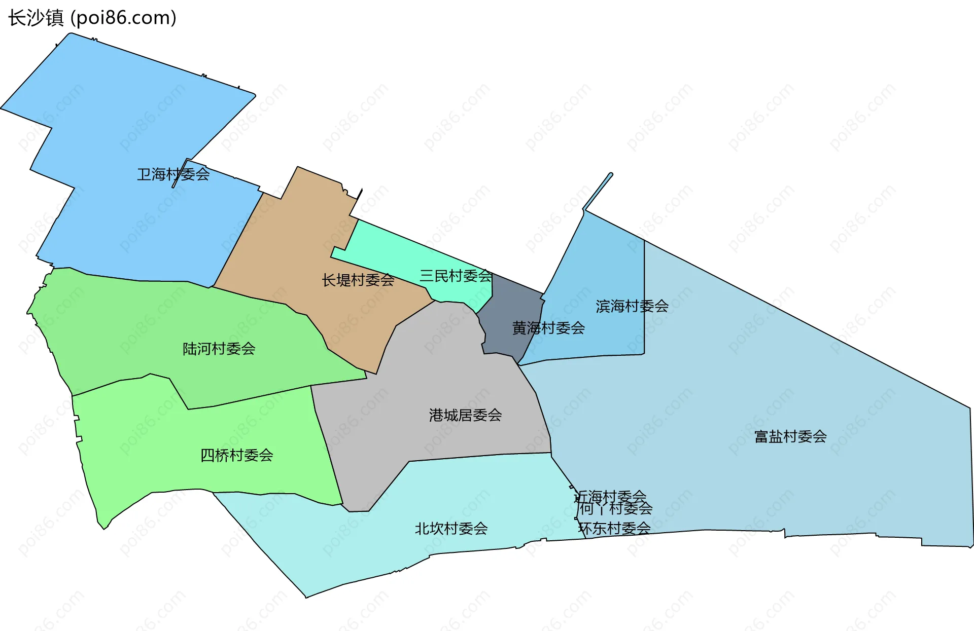 长沙镇边界地图(五级行政区划)