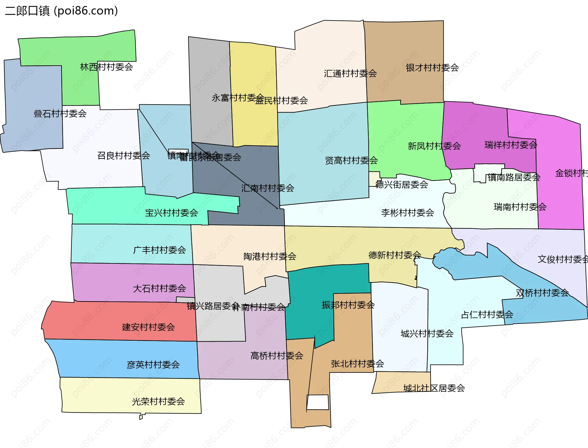 二郎口镇边界地图(五级行政区划)