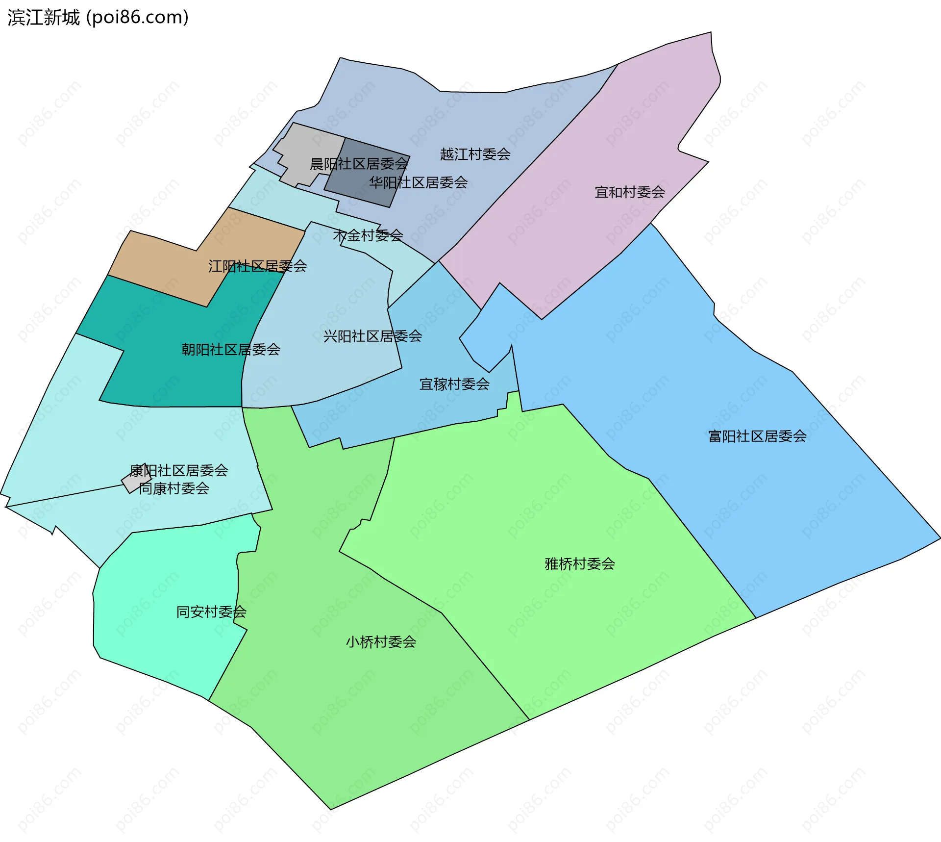 滨江新城边界地图(五级行政区划)
