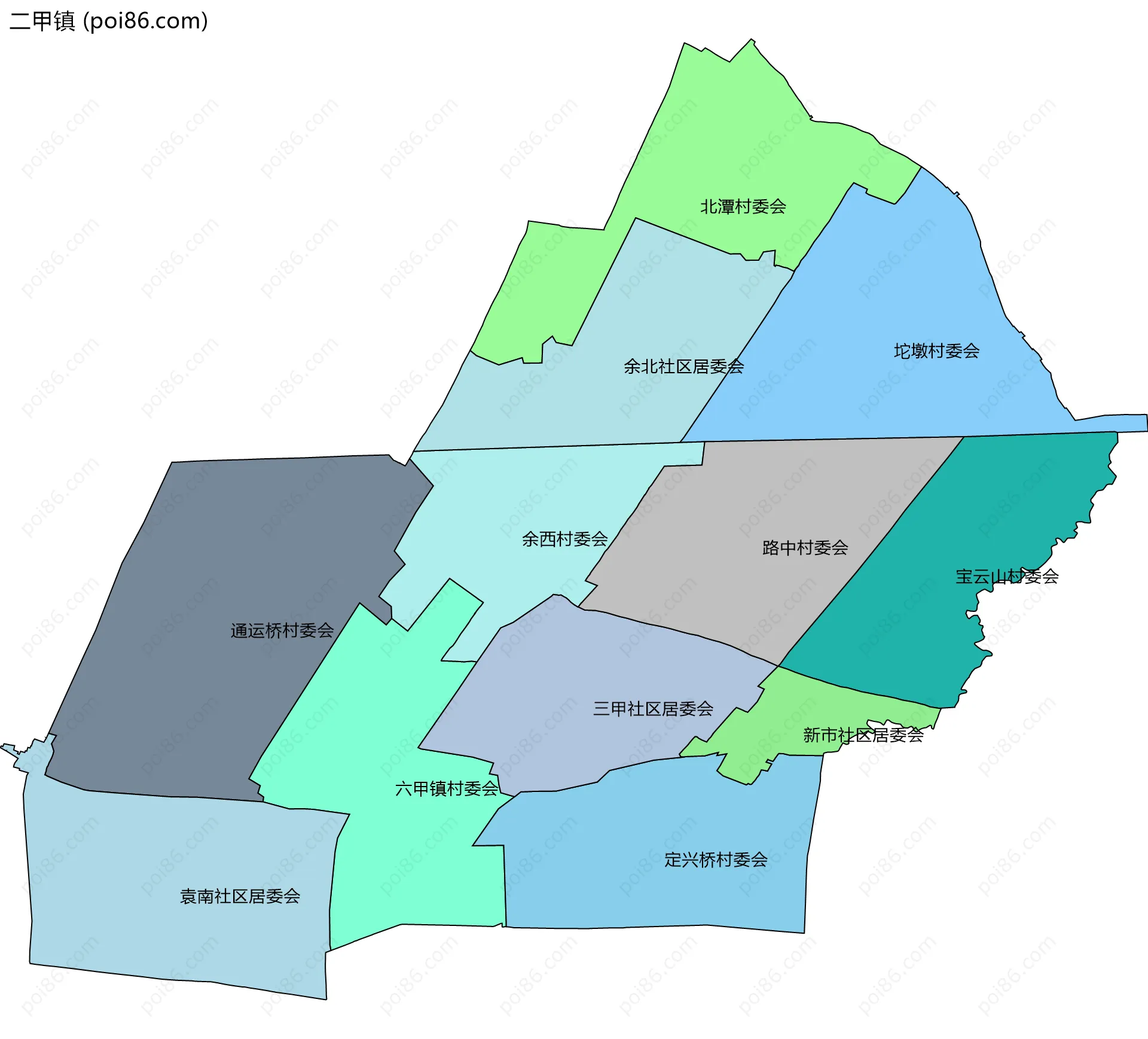 二甲镇边界地图(五级行政区划)