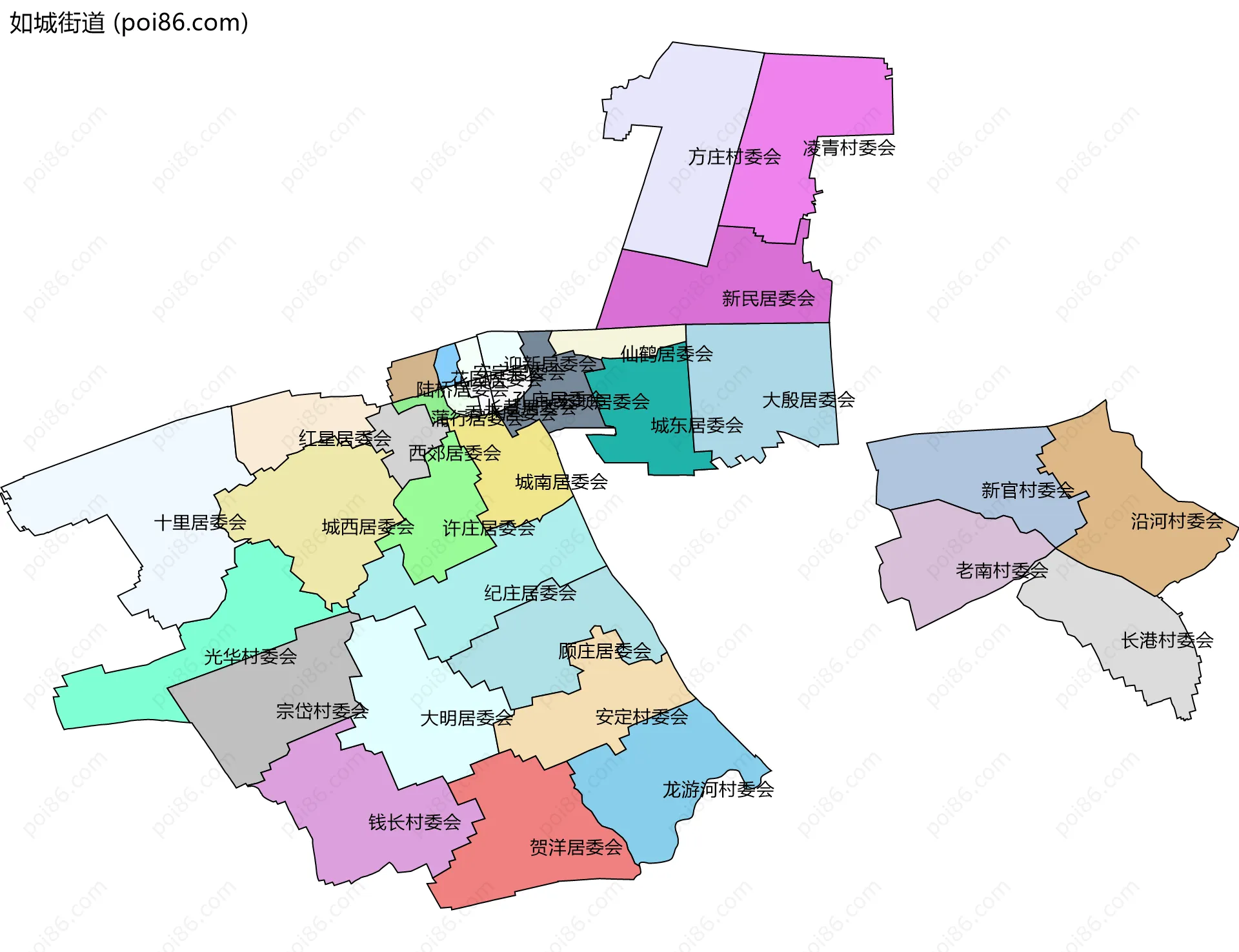 如城街道边界地图(五级行政区划)