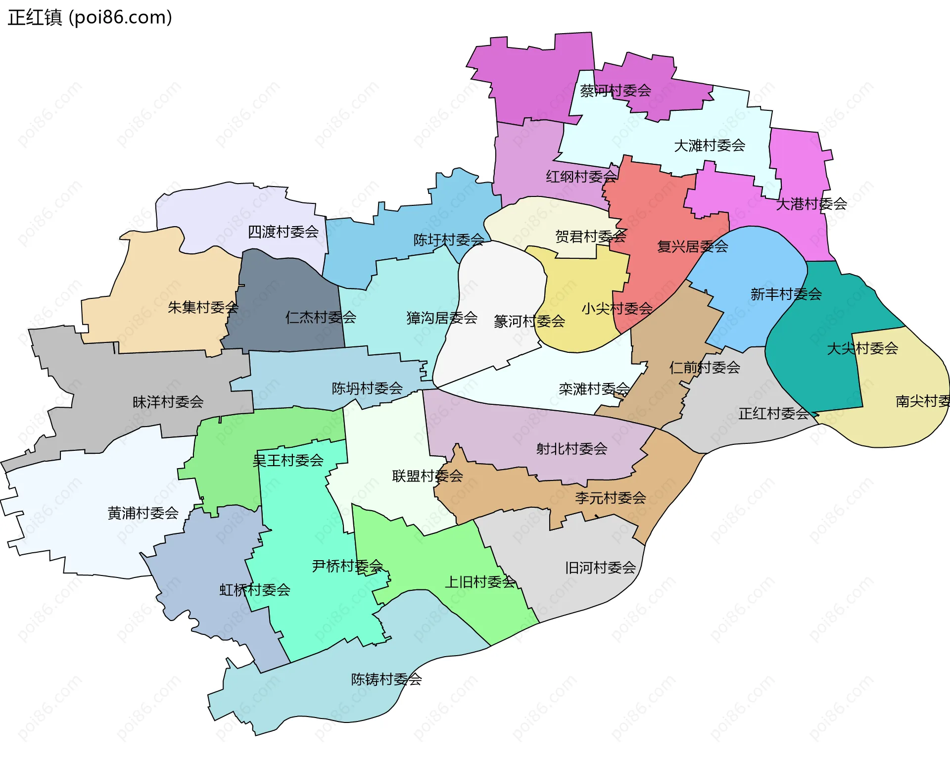 正红镇边界地图(五级行政区划)