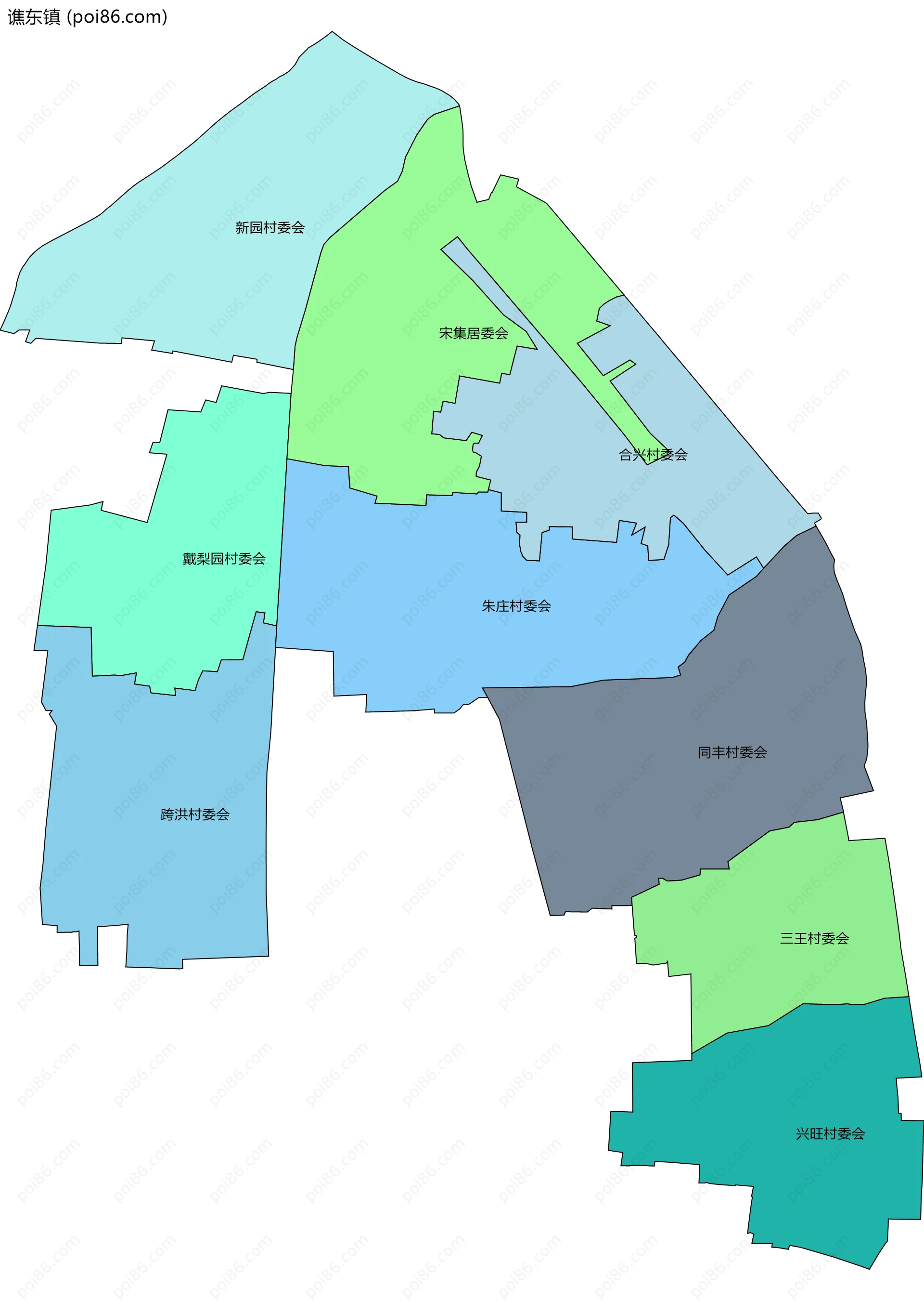 谯东镇边界地图(五级行政区划)