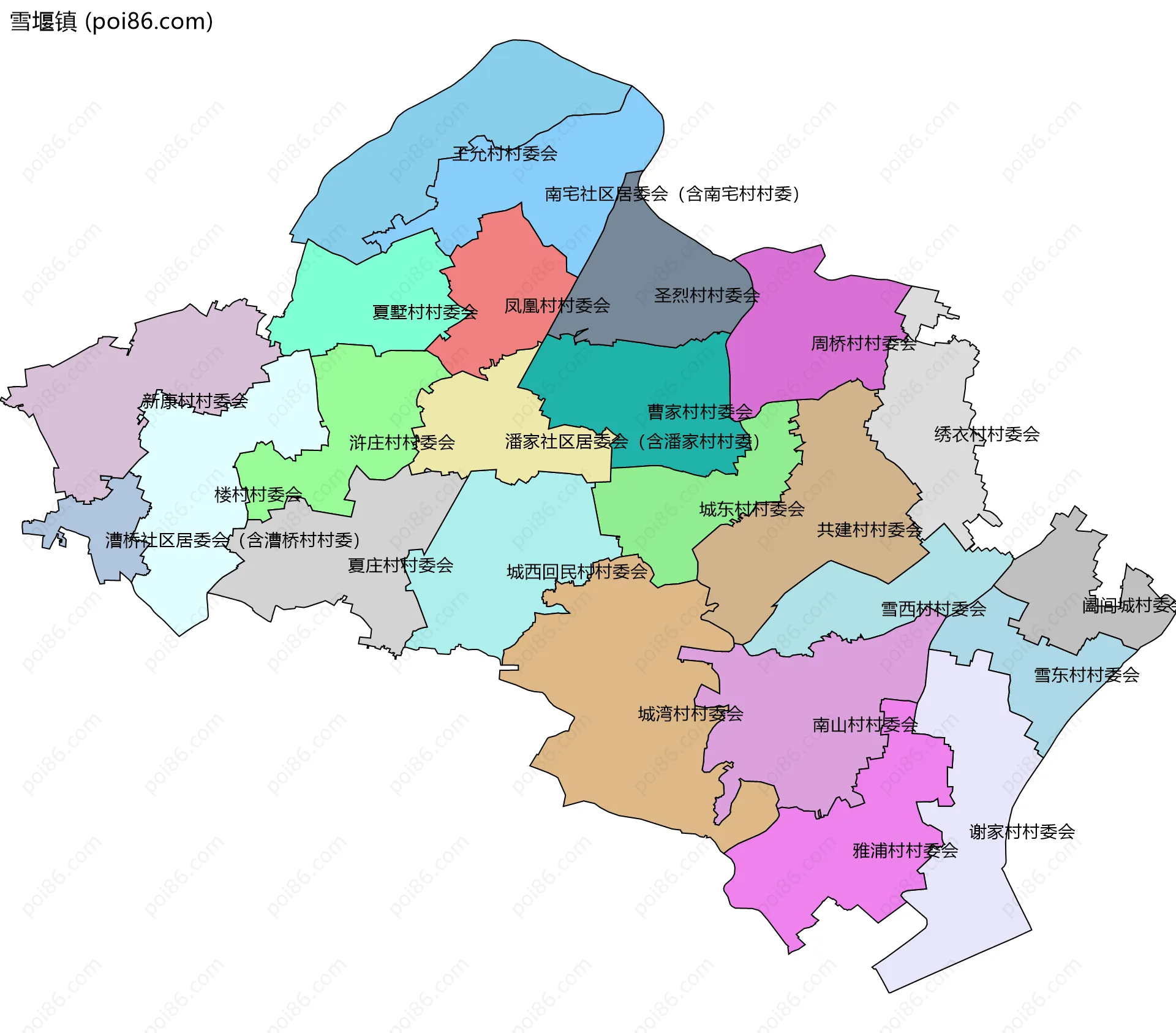 雪堰镇边界地图(五级行政区划)