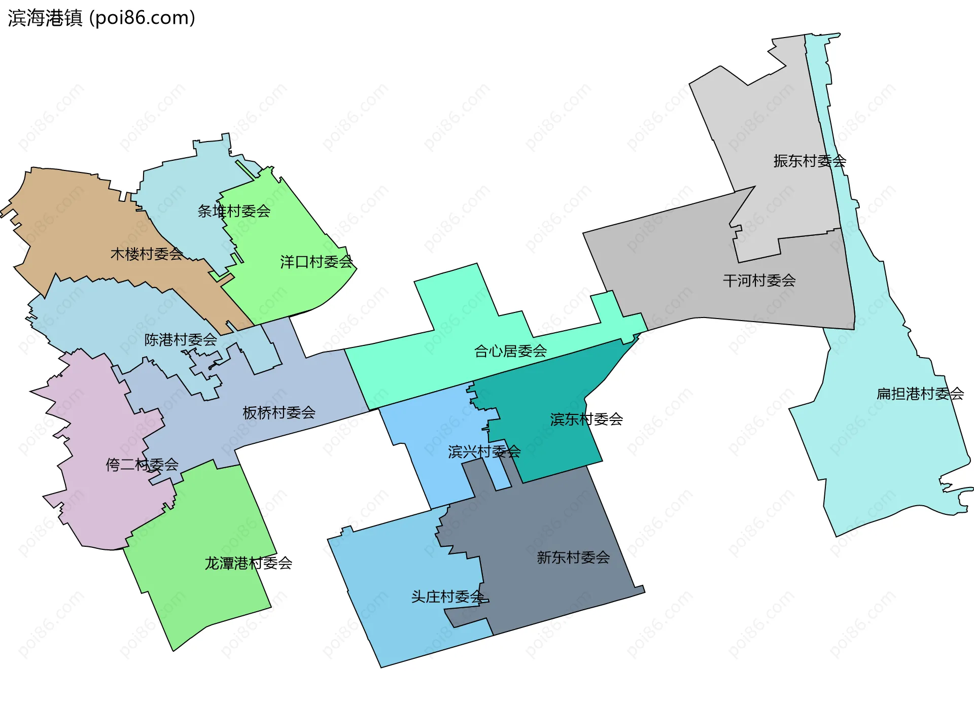 滨海港镇边界地图(五级行政区划)