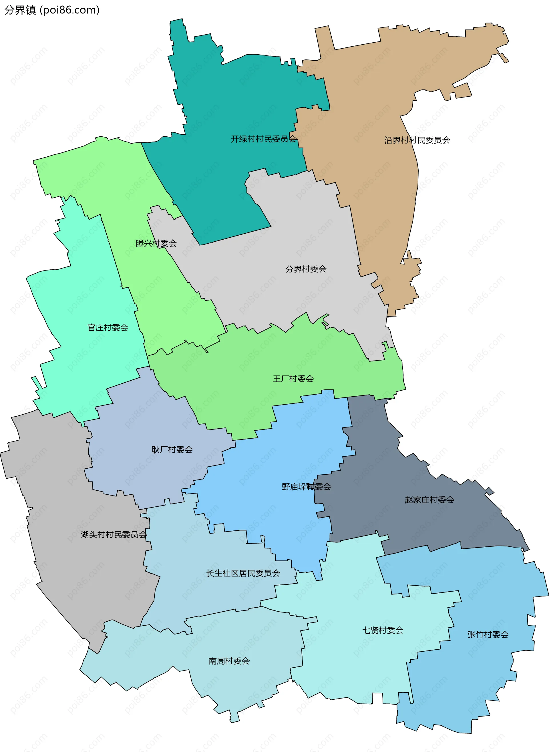 分界镇边界地图(五级行政区划)