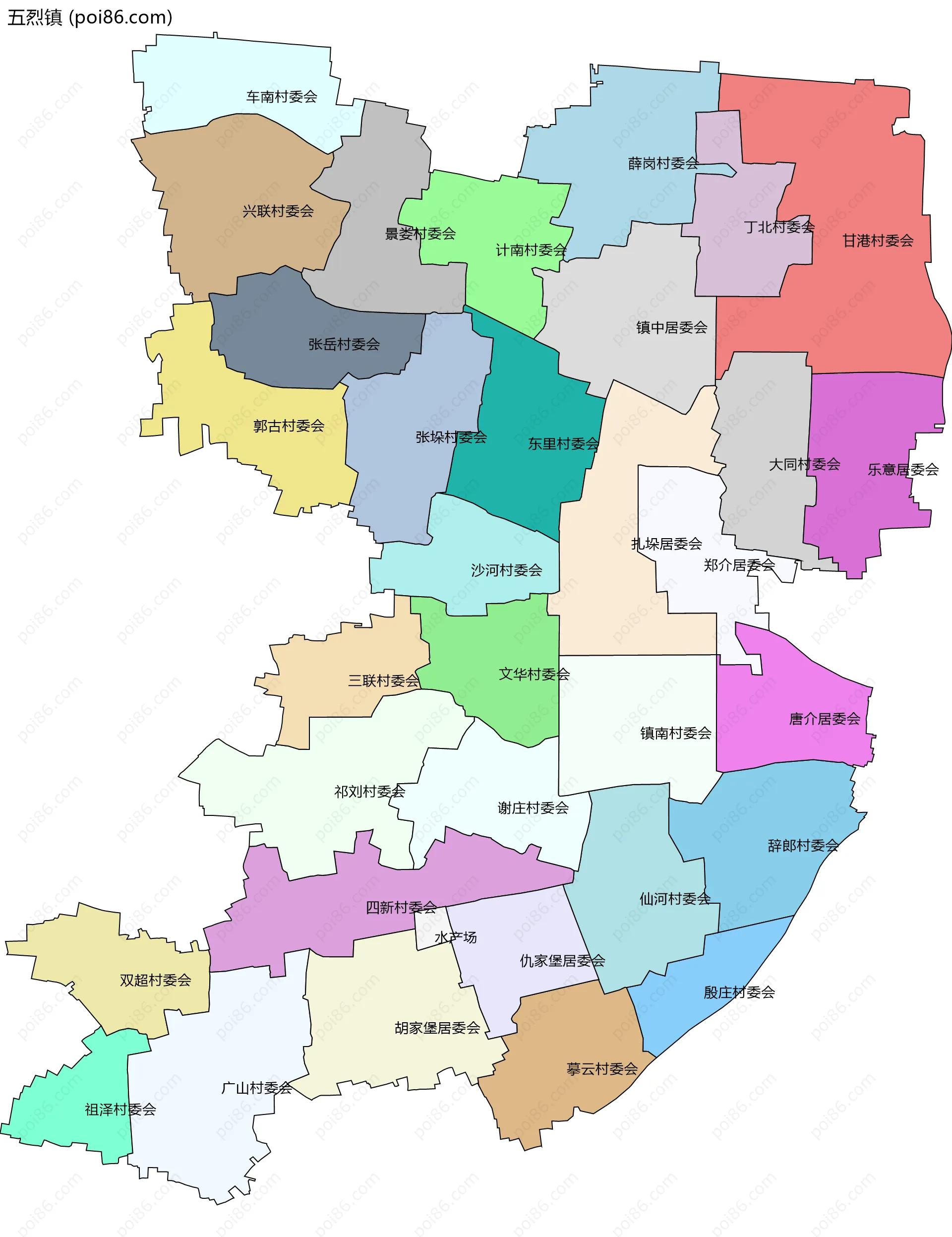 五烈镇边界地图(五级行政区划)