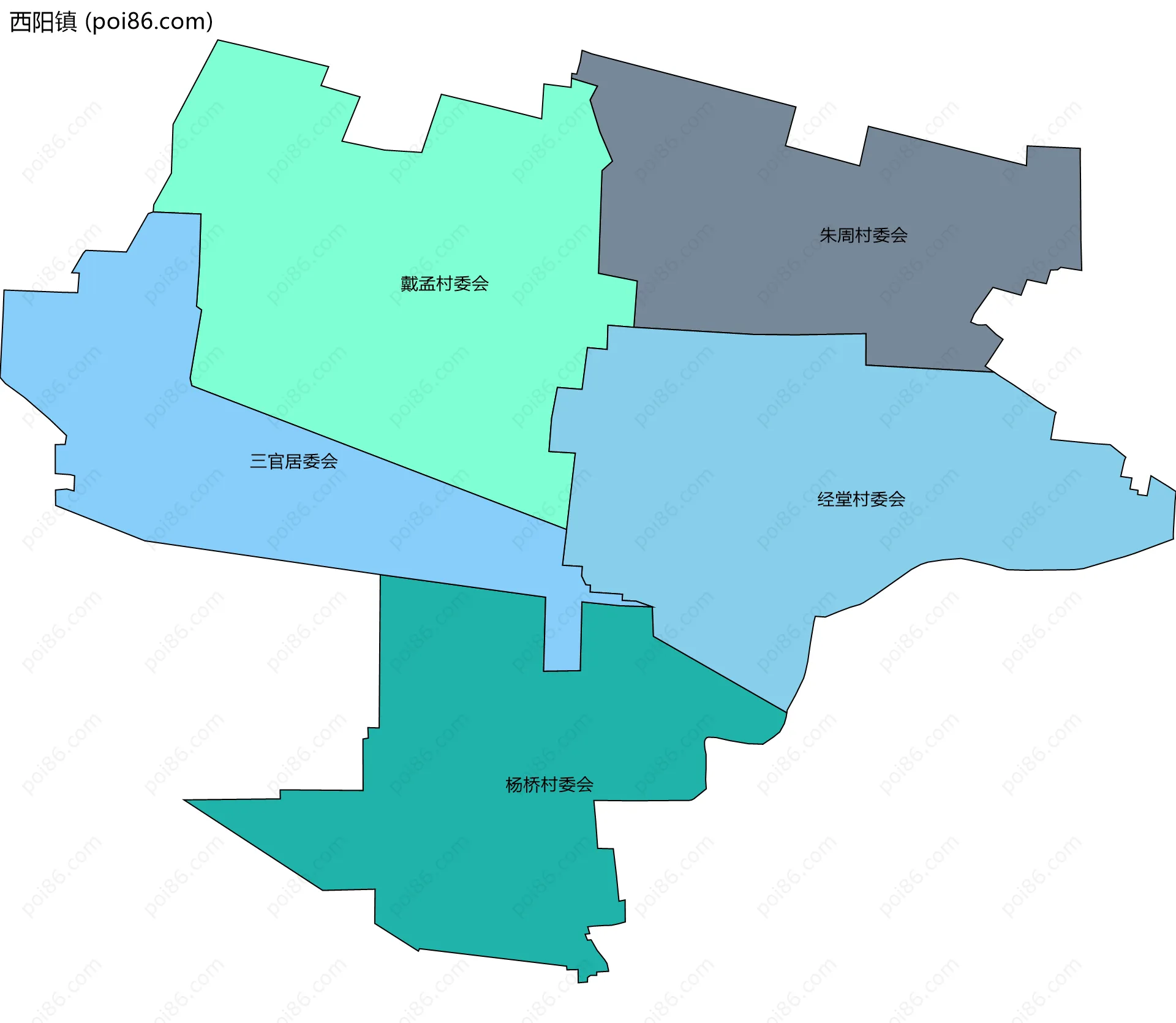 西阳镇边界地图(五级行政区划)