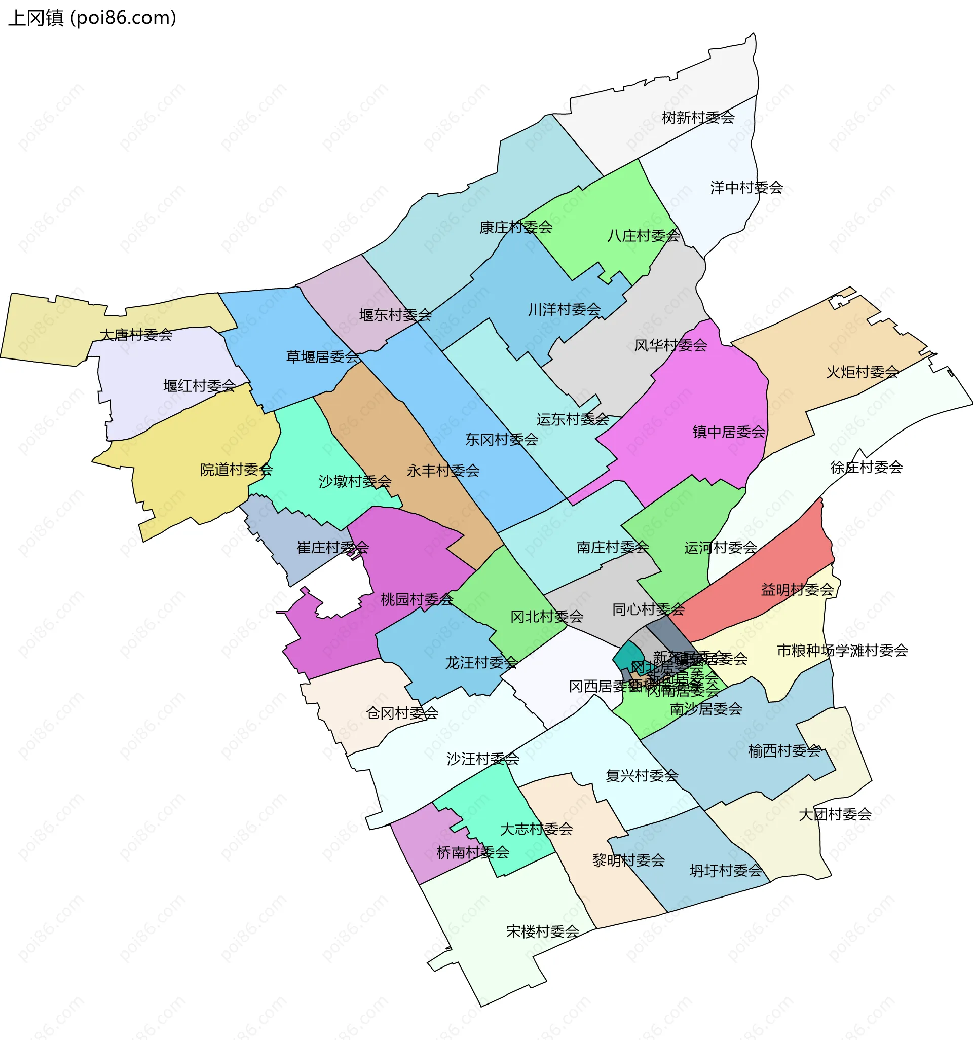 上冈镇边界地图(五级行政区划)
