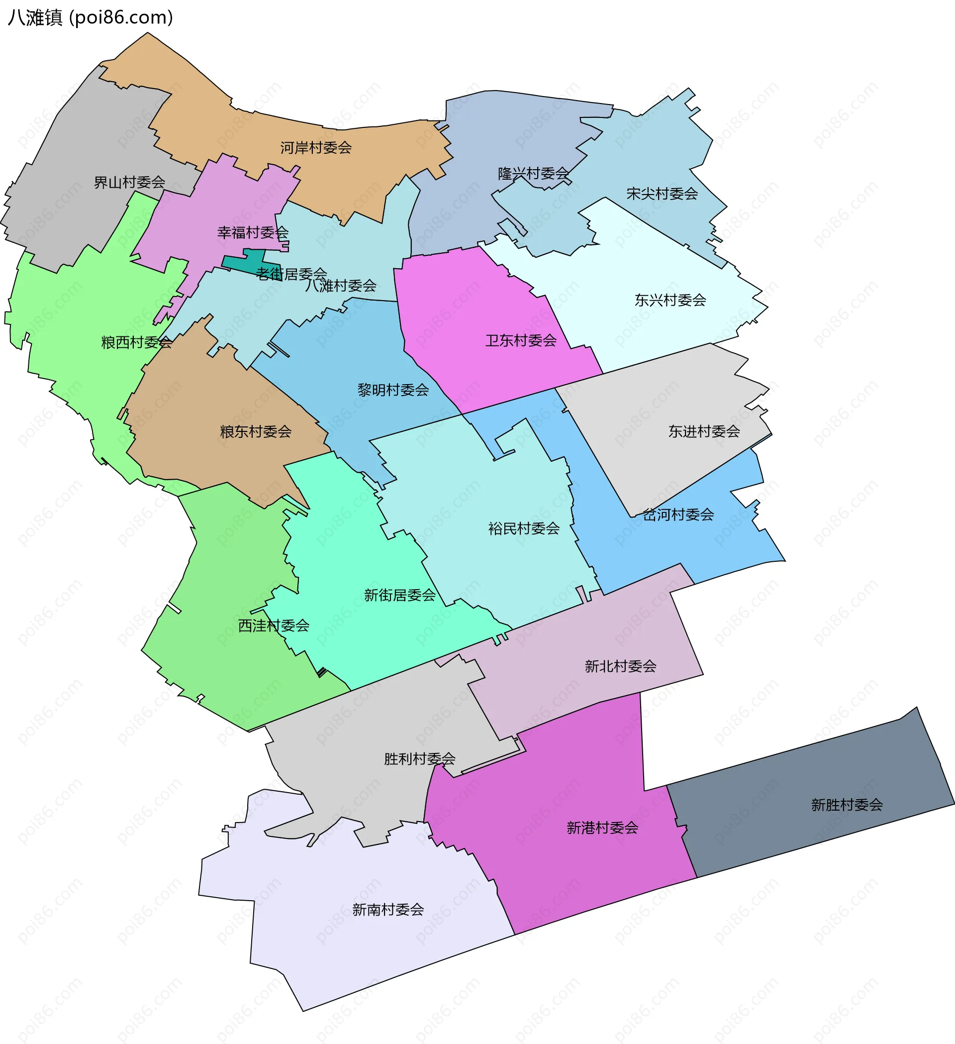 八滩镇边界地图(五级行政区划)