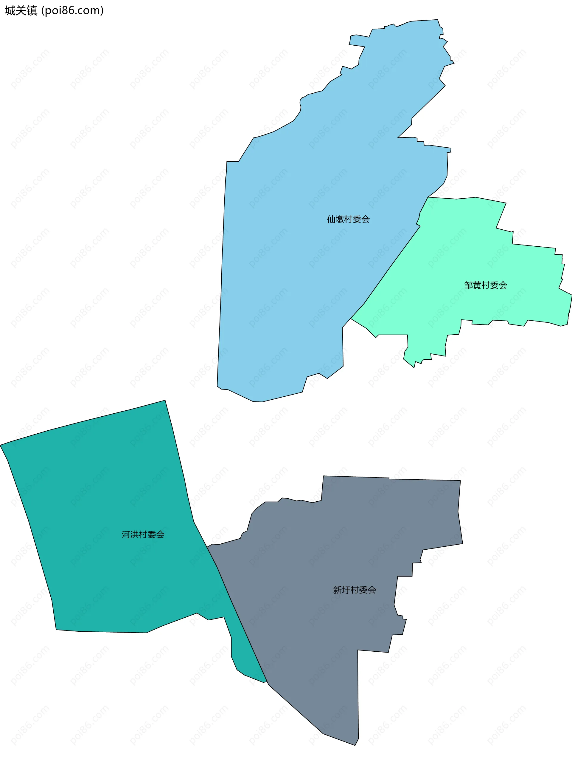 城关镇边界地图(五级行政区划)