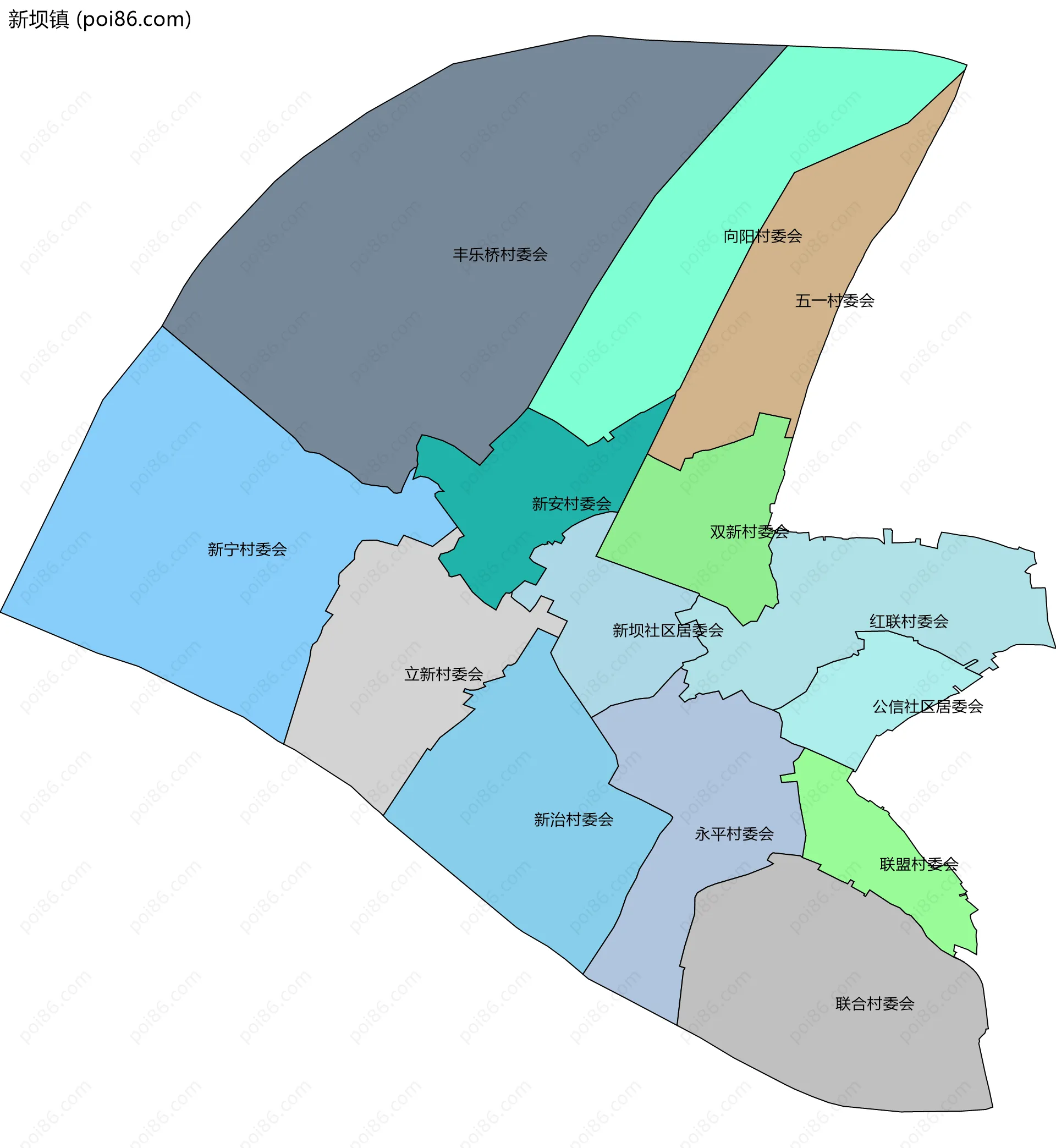 新坝镇边界地图(五级行政区划)