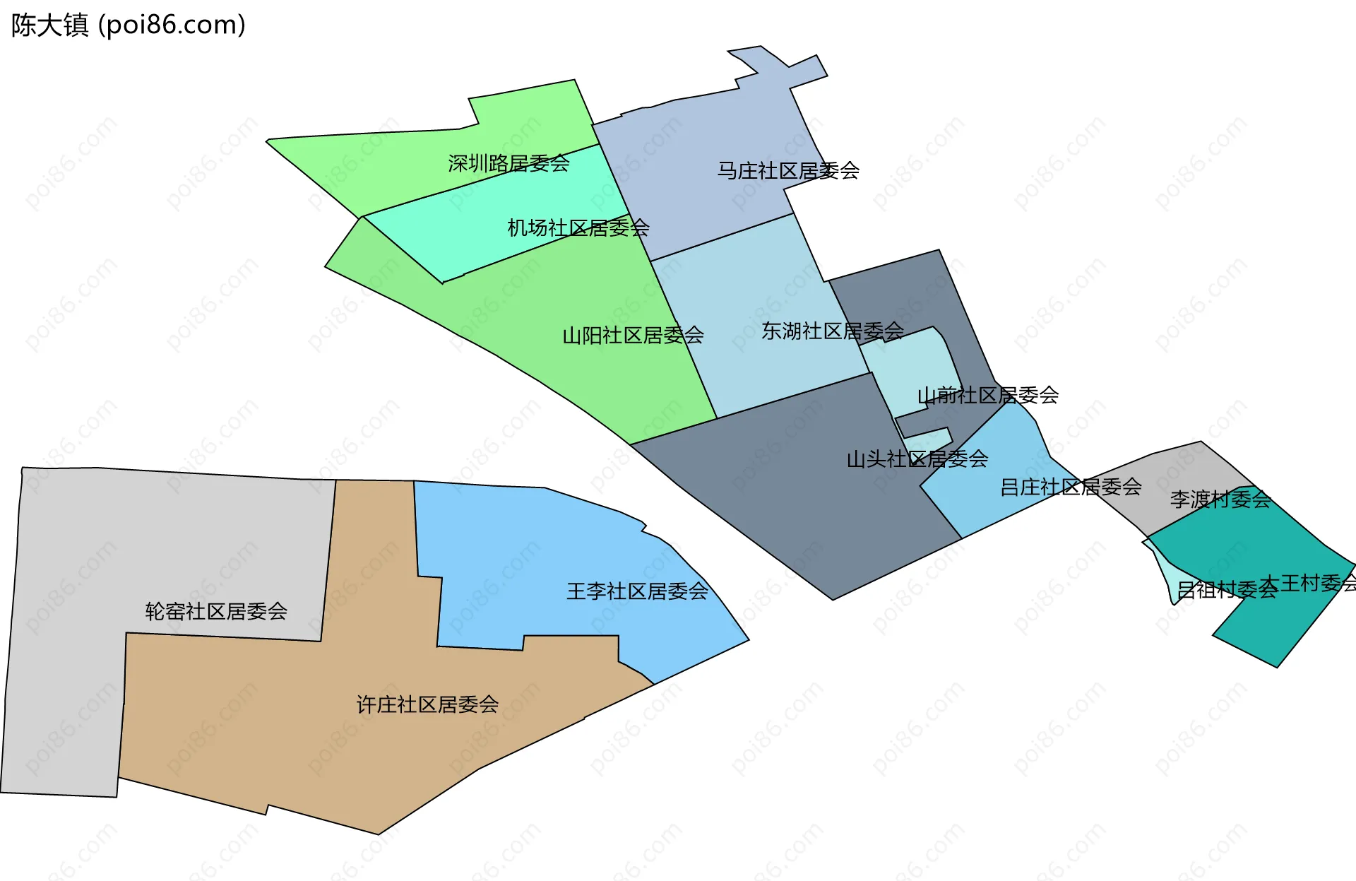 陈大镇边界地图(五级行政区划)