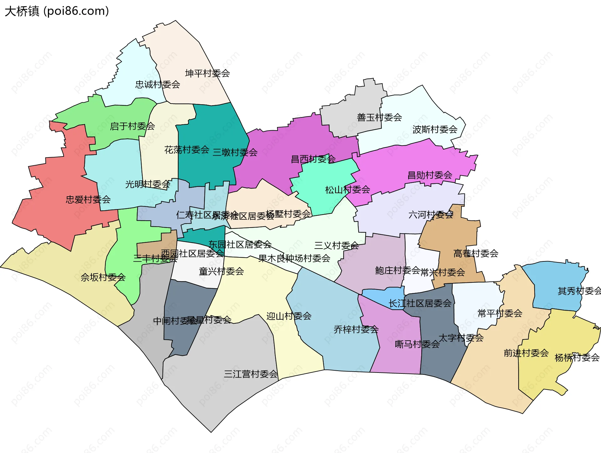 大桥镇边界地图(五级行政区划)