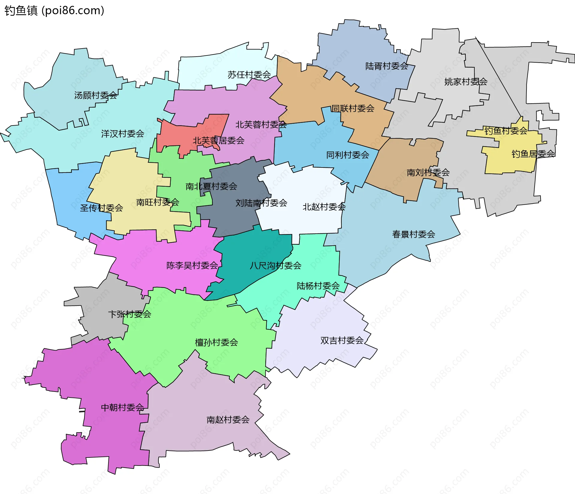 钓鱼镇边界地图(五级行政区划)