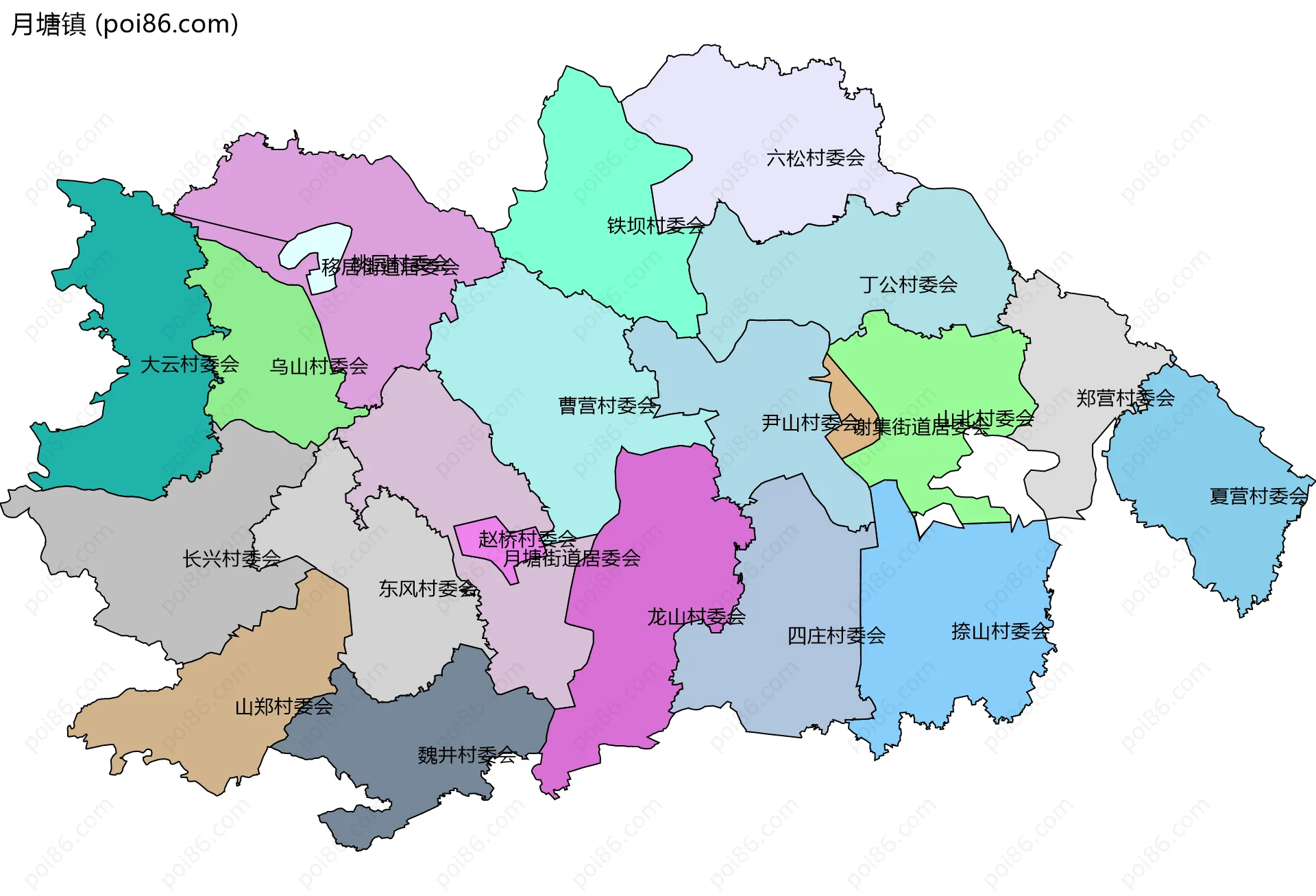 月塘镇边界地图(五级行政区划)