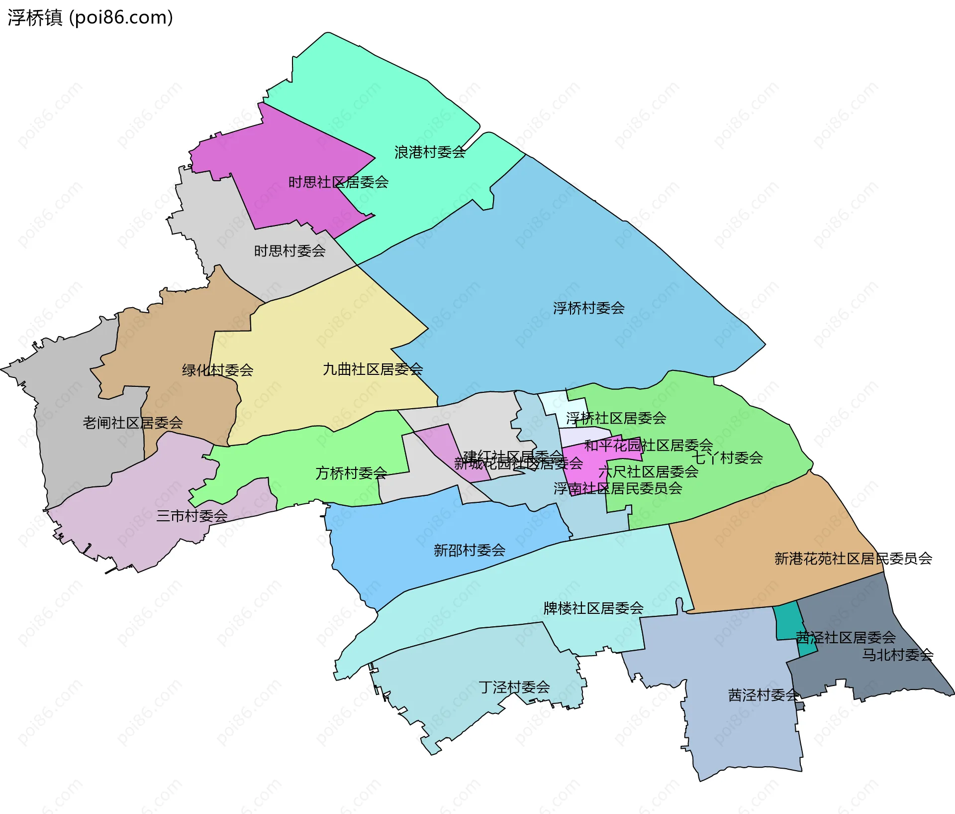 浮桥镇边界地图(五级行政区划)