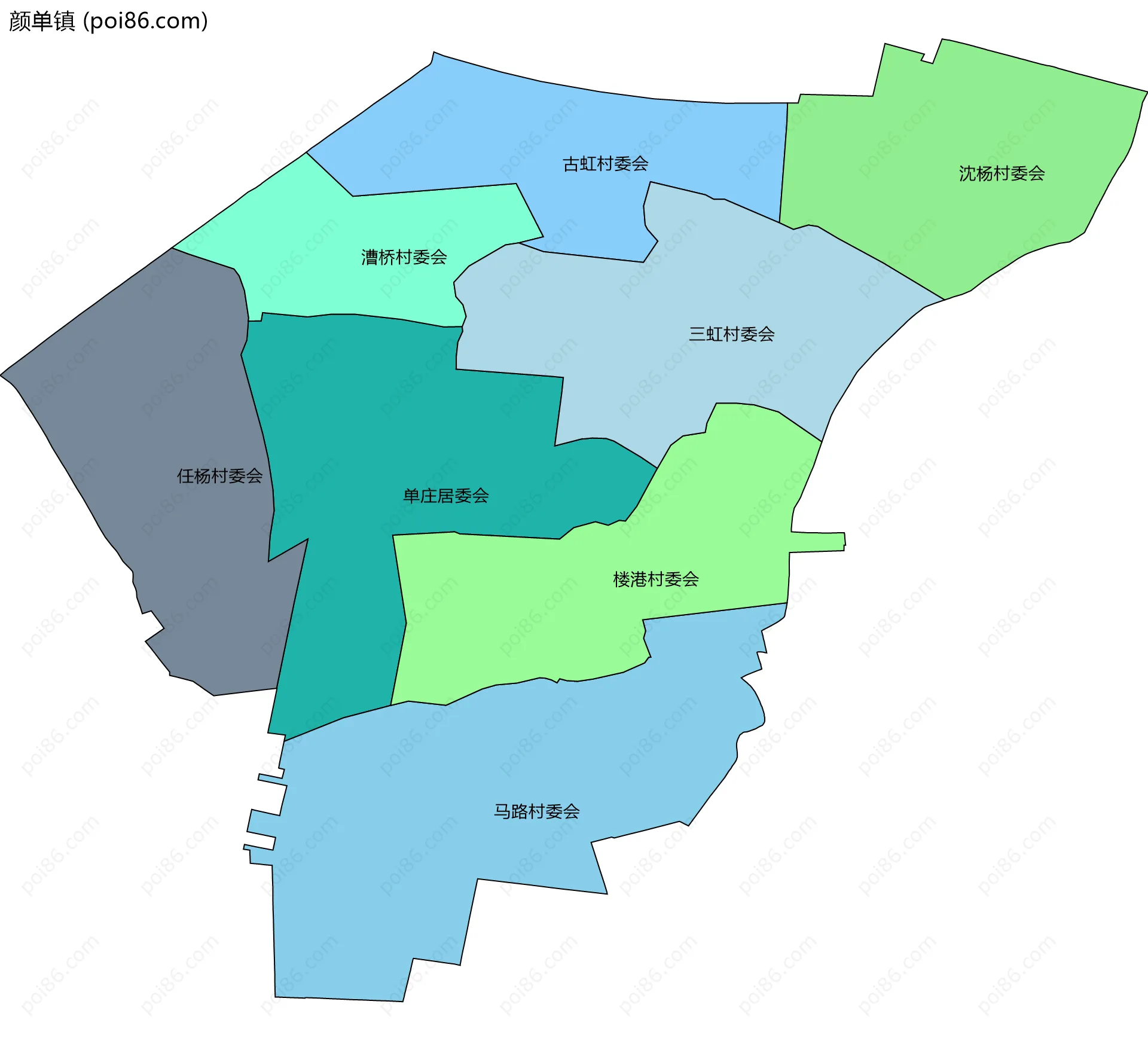 颜单镇边界地图(五级行政区划)
