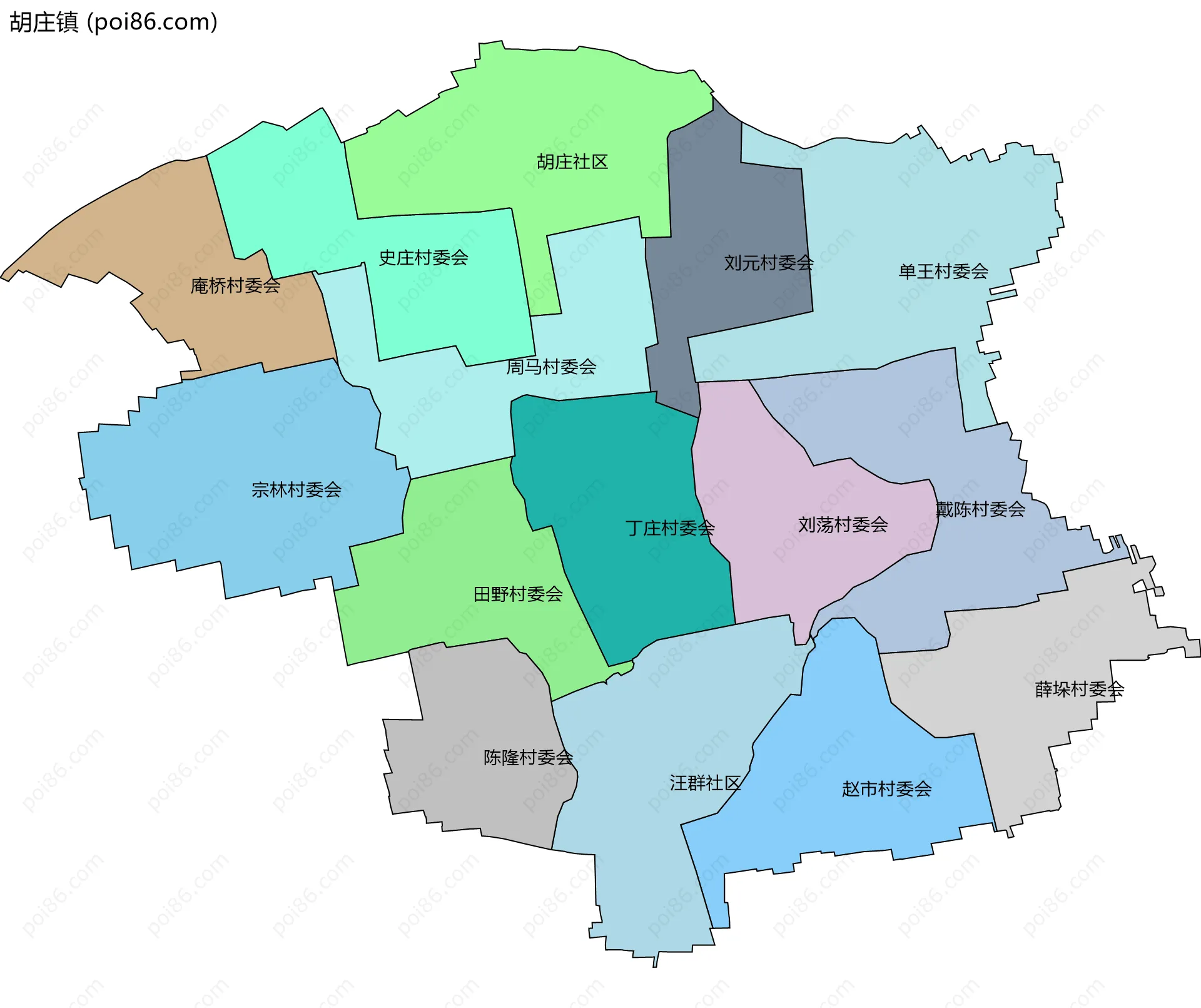 胡庄镇边界地图(五级行政区划)