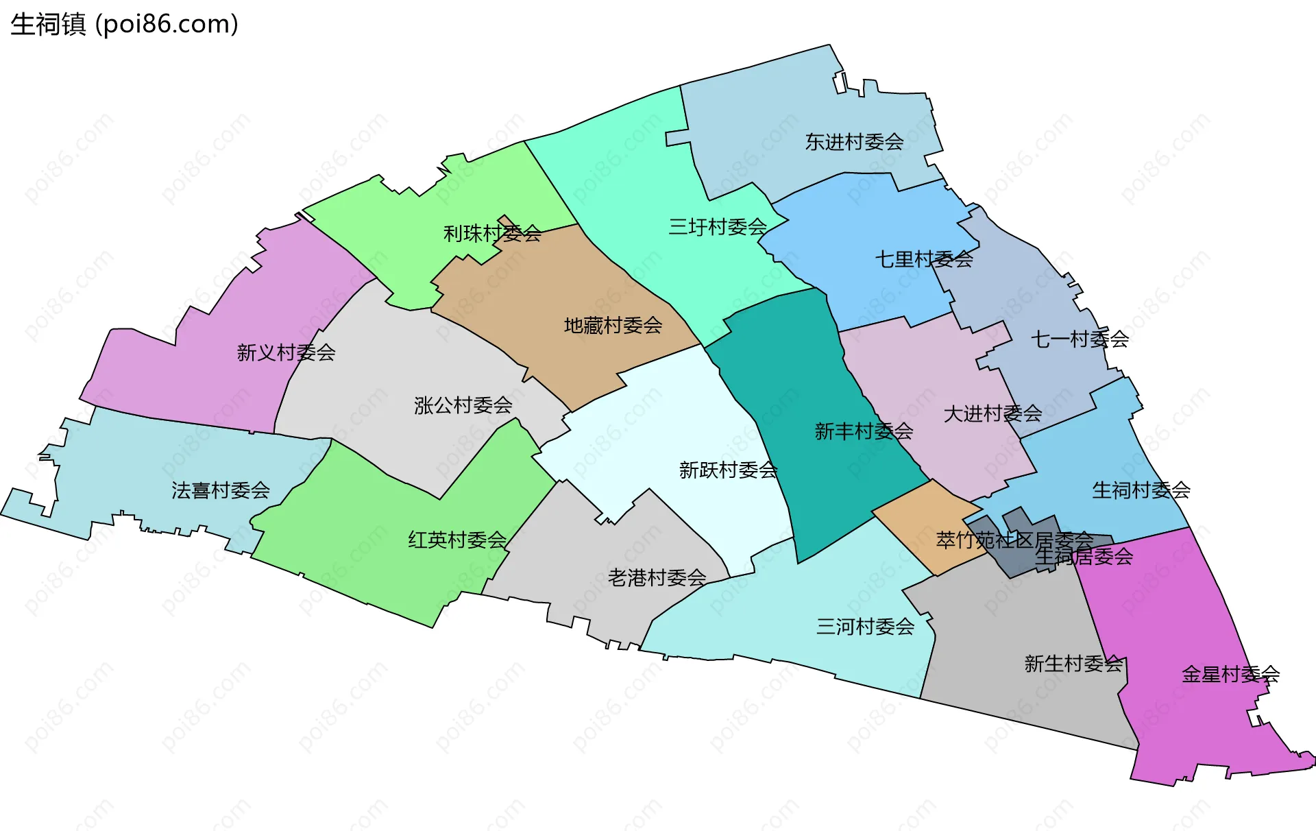 生祠镇边界地图(五级行政区划)