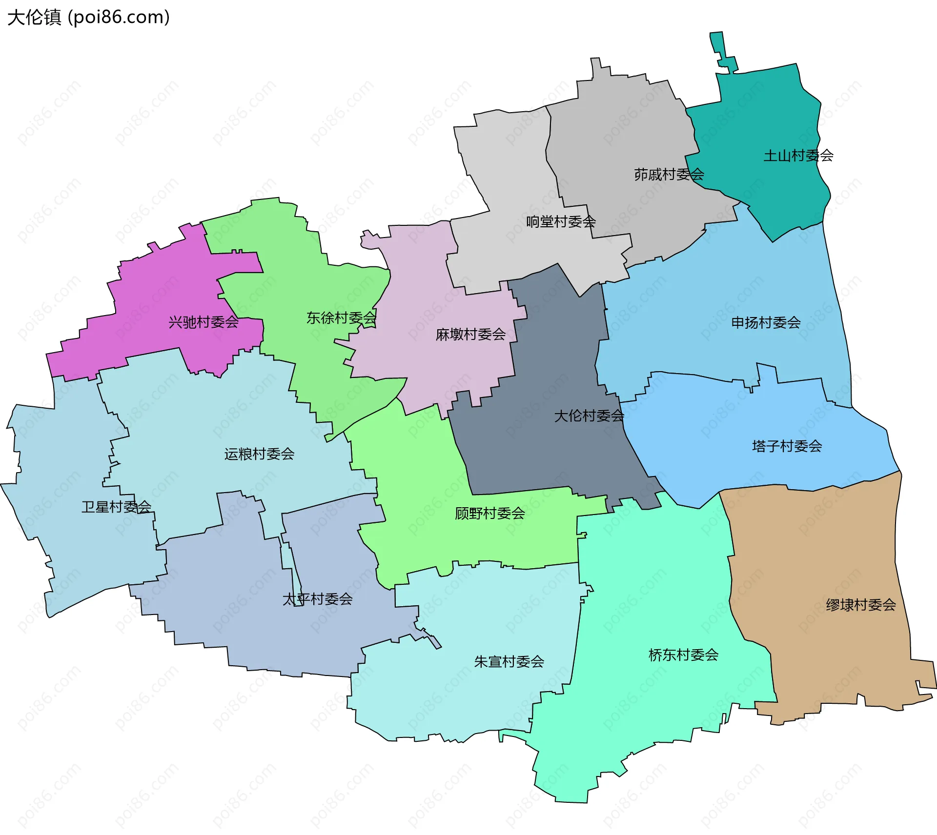 大伦镇边界地图(五级行政区划)