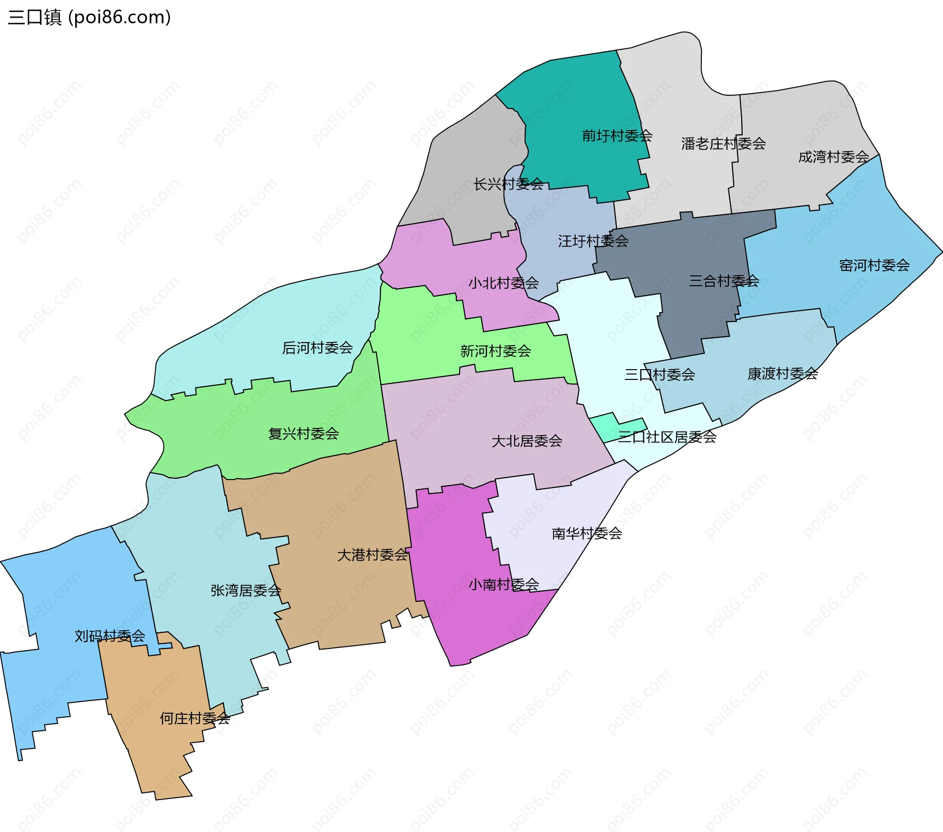三口镇边界地图(五级行政区划)