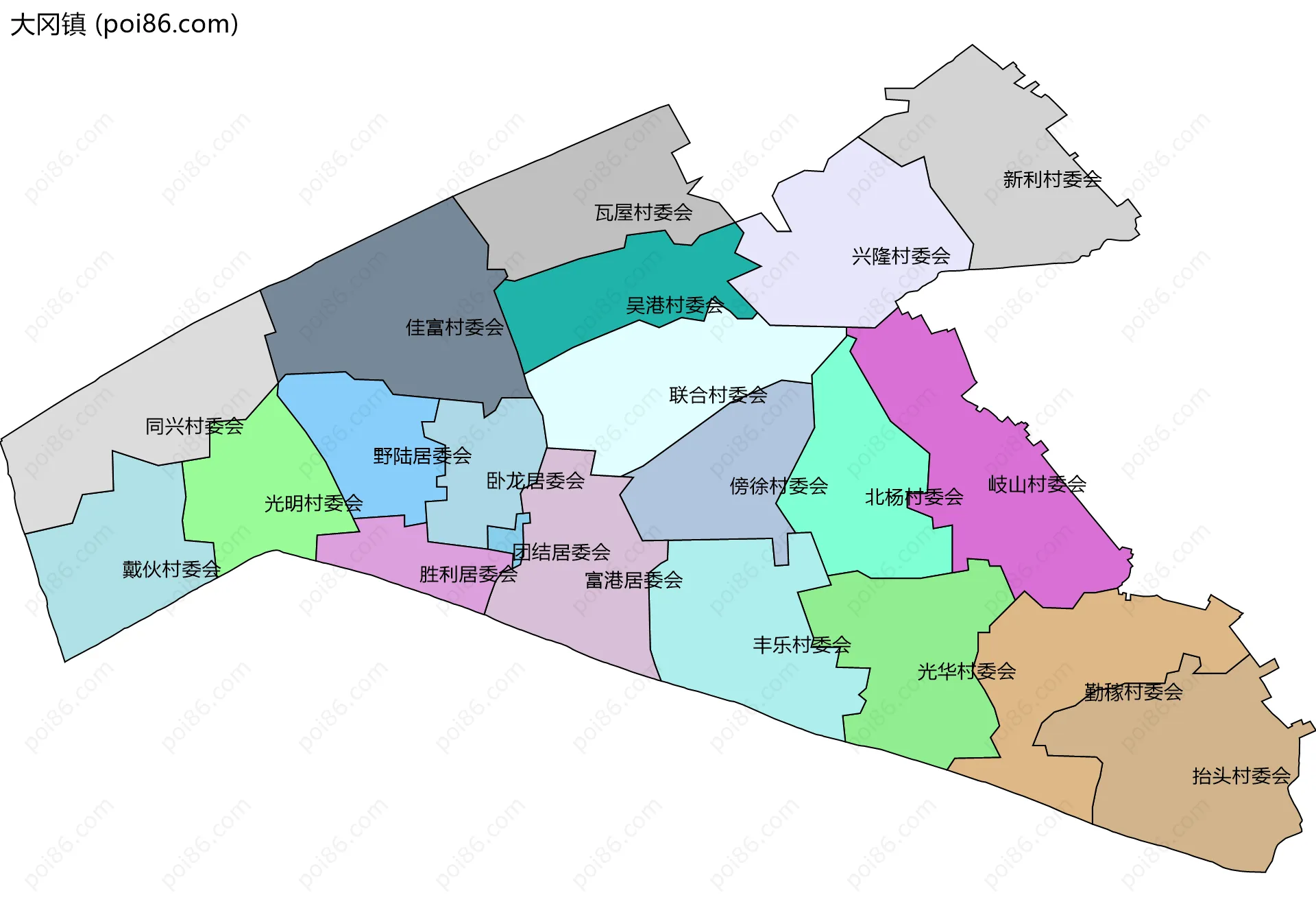 大冈镇边界地图(五级行政区划)