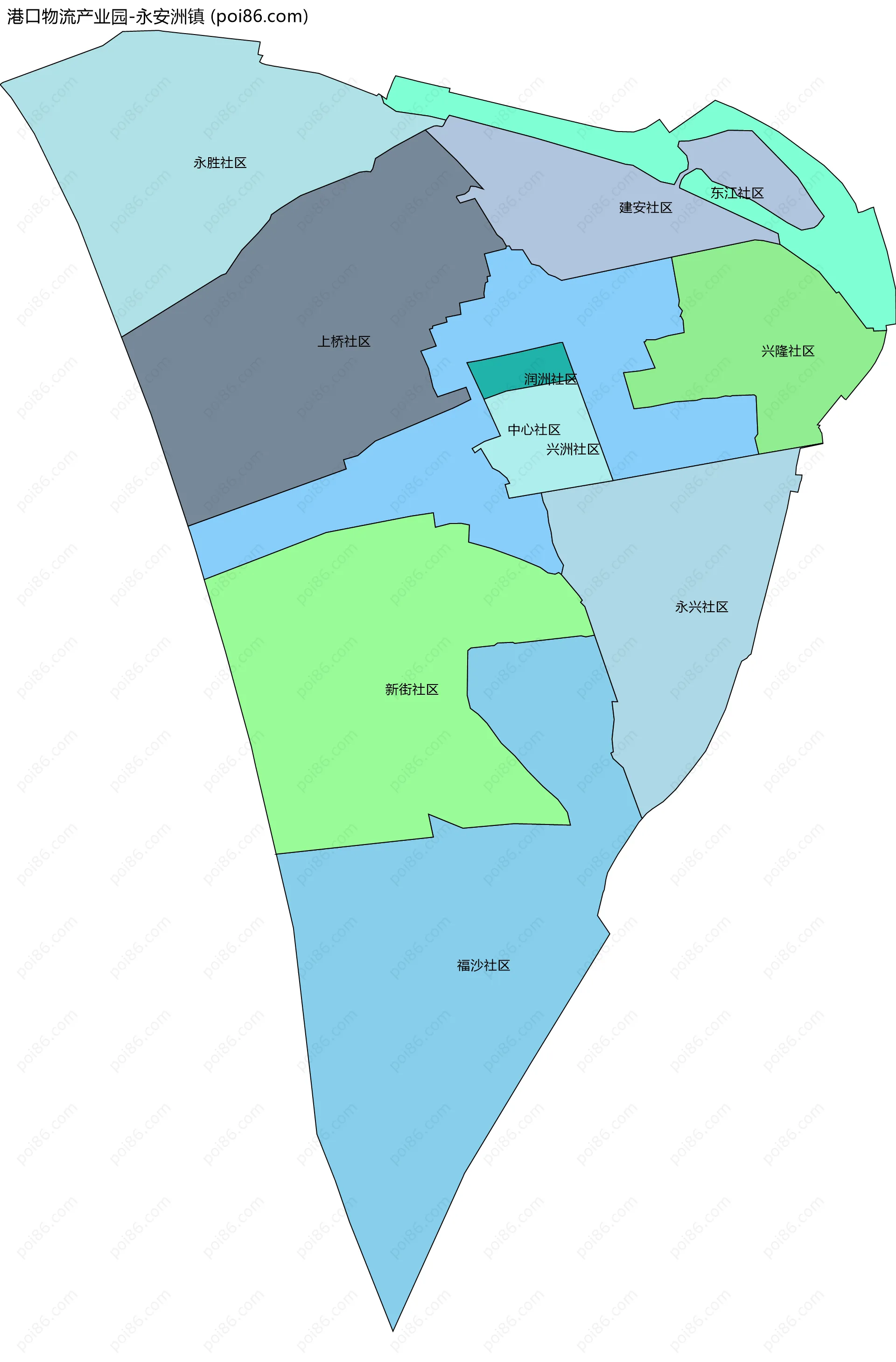 港口物流产业园-永安洲镇边界地图(五级行政区划)