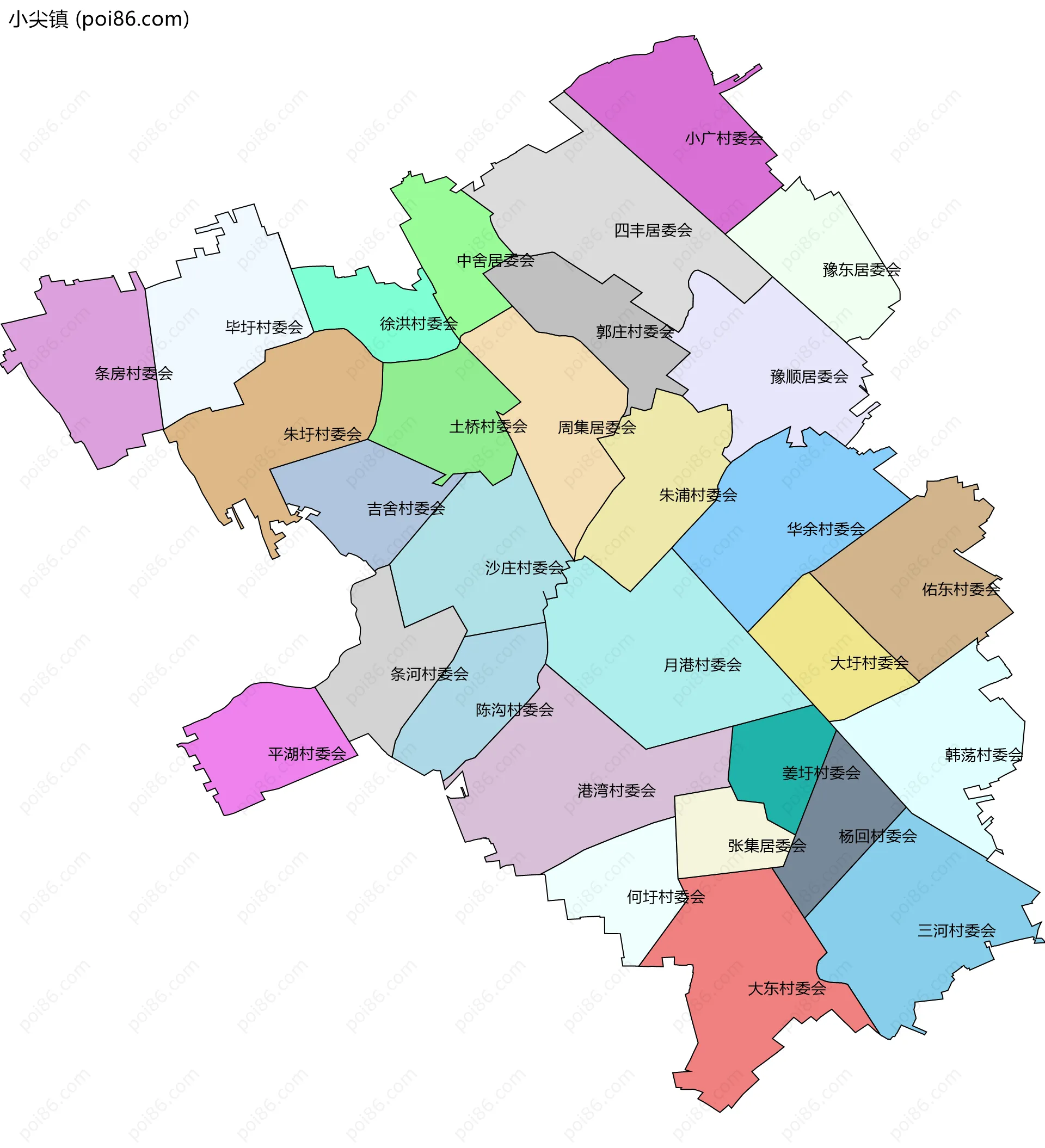 小尖镇边界地图(五级行政区划)