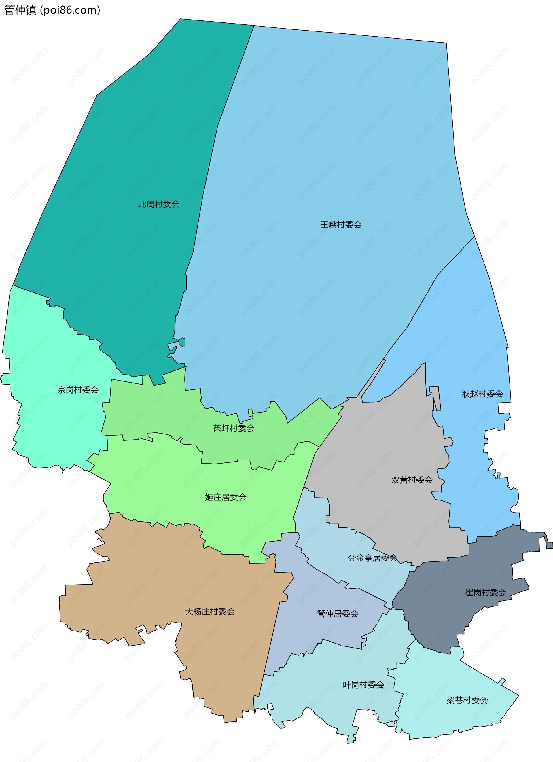 管仲镇边界地图(五级行政区划)